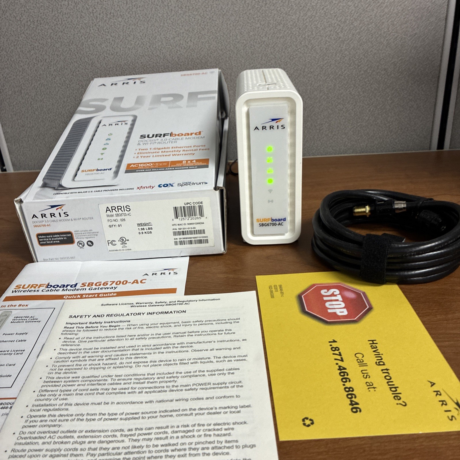 ARRIS SURFBOARD SBG6700- AC 3.0 CABLE MODEM & WI-FI ROUTER -WHITE W/POWER & BOX
