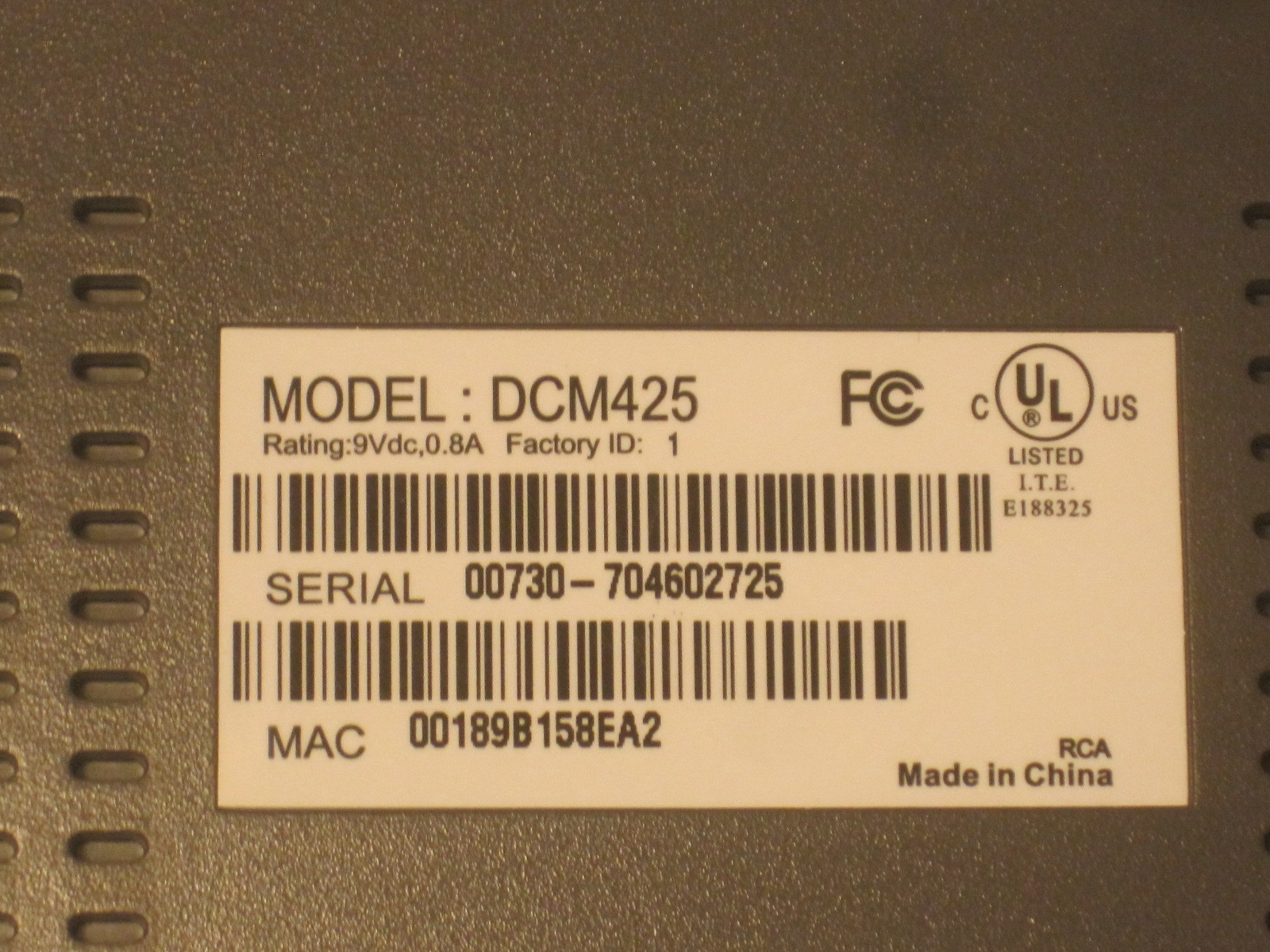 RCA DCM425 digital Broadband modem base unit only *no power supply