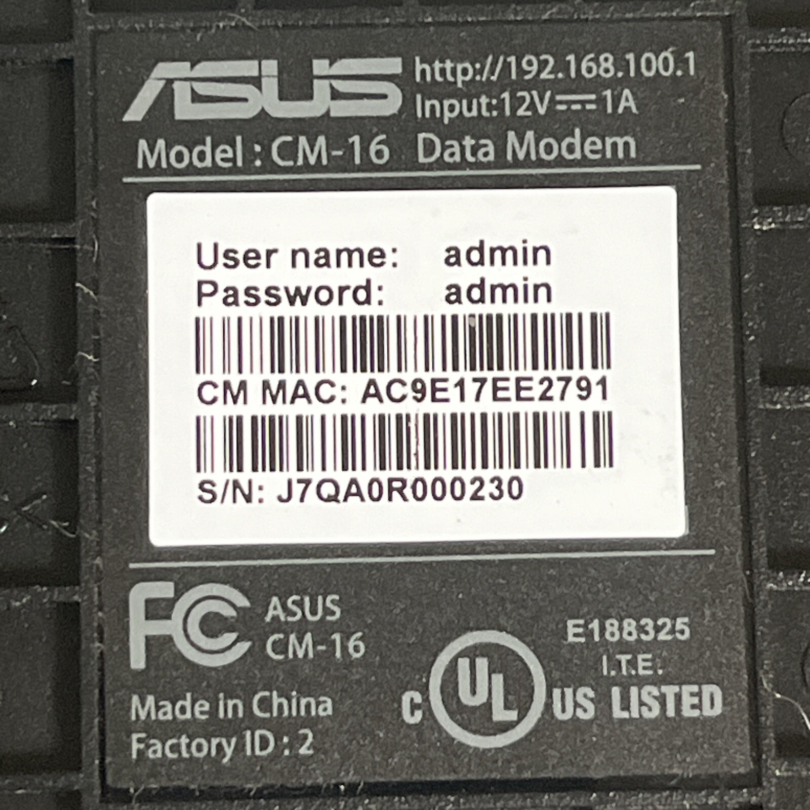 ASUS CM-16 DOCSIS 3.0 Cable Modem with AC Adapter and Ethernet Cable