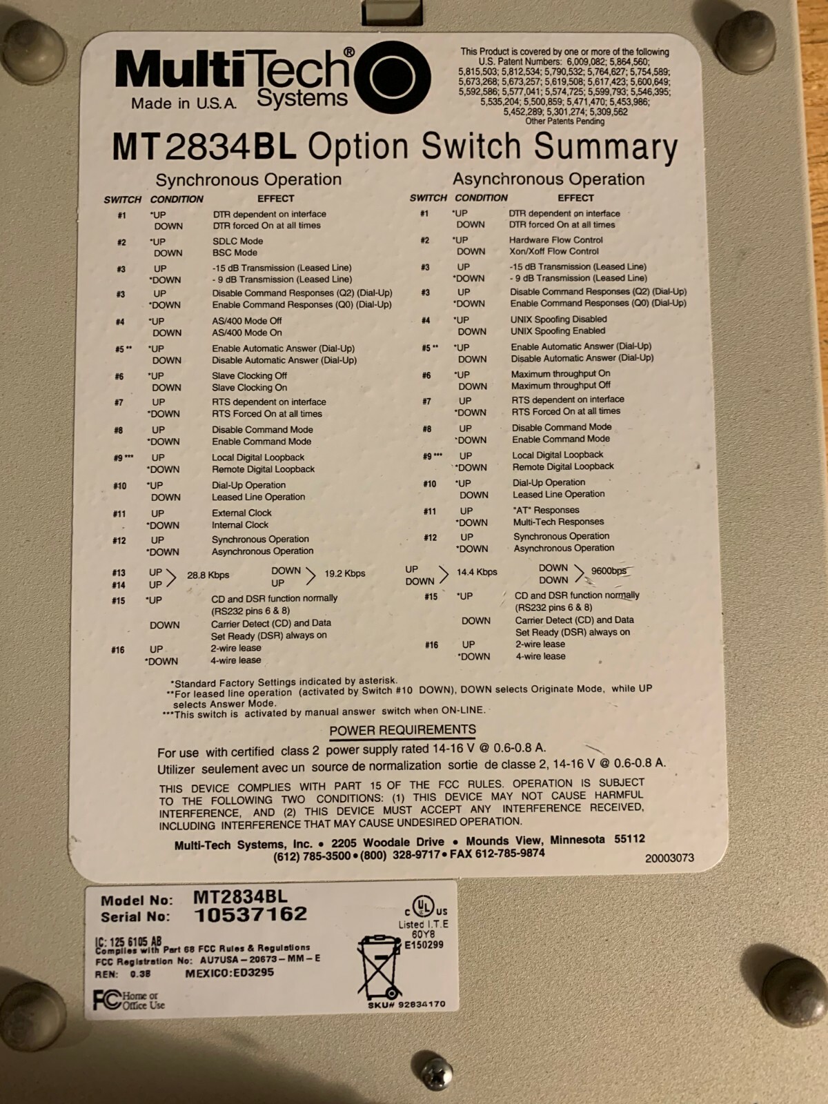 MultiTech Systems Modem MT2834 Series 33.6Kbps