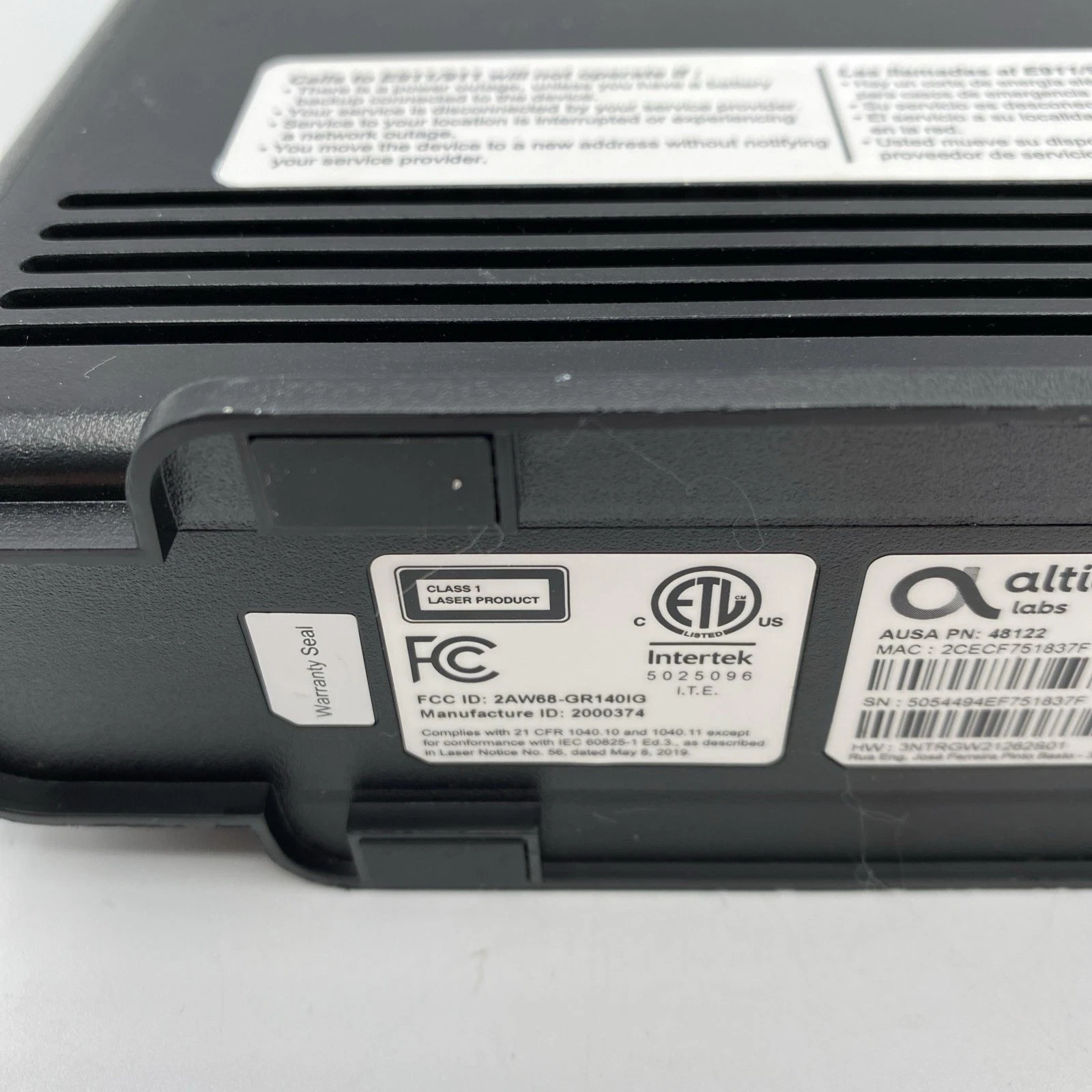 Altice UBC1338 Gateway Wireless Modem Black GR140DGM 4 Port FiberGateway No Char