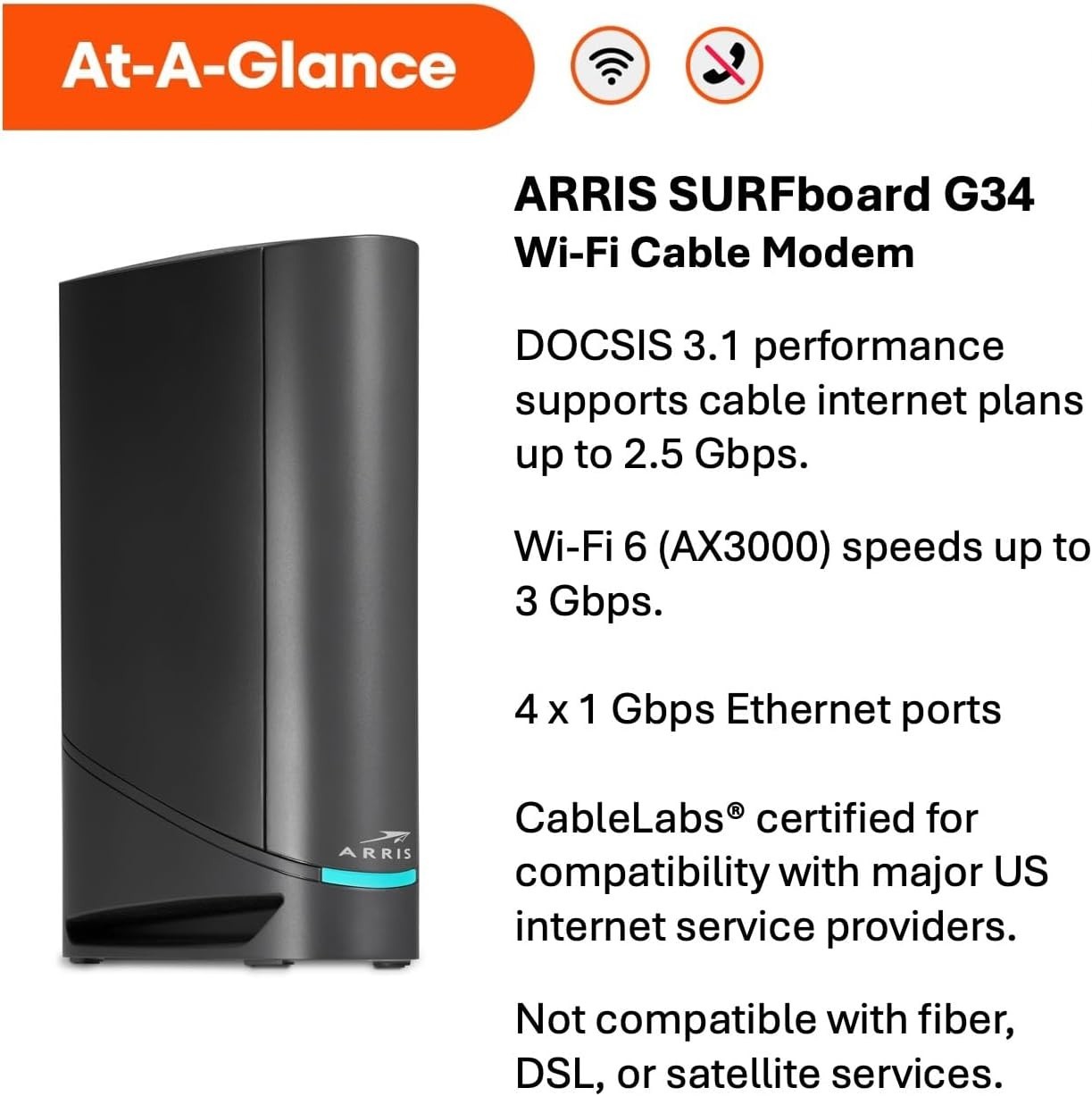 ARRIS Surfboard G34 DOCSIS 3.1 Cable Modem & Wi-Fi 6 Router | AX3000 -Open Box