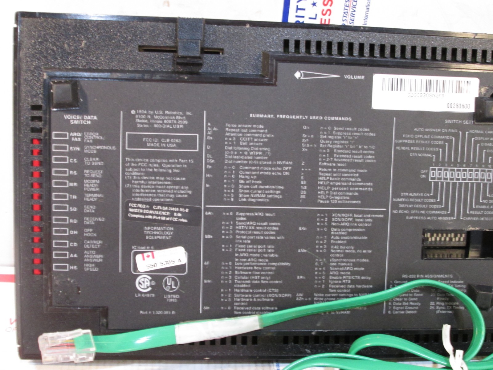 US ROBOTICS 000954-00 COURIER V.34 FAX WITH V.32 BIS MODEM CJE-0263 NO AC CORD