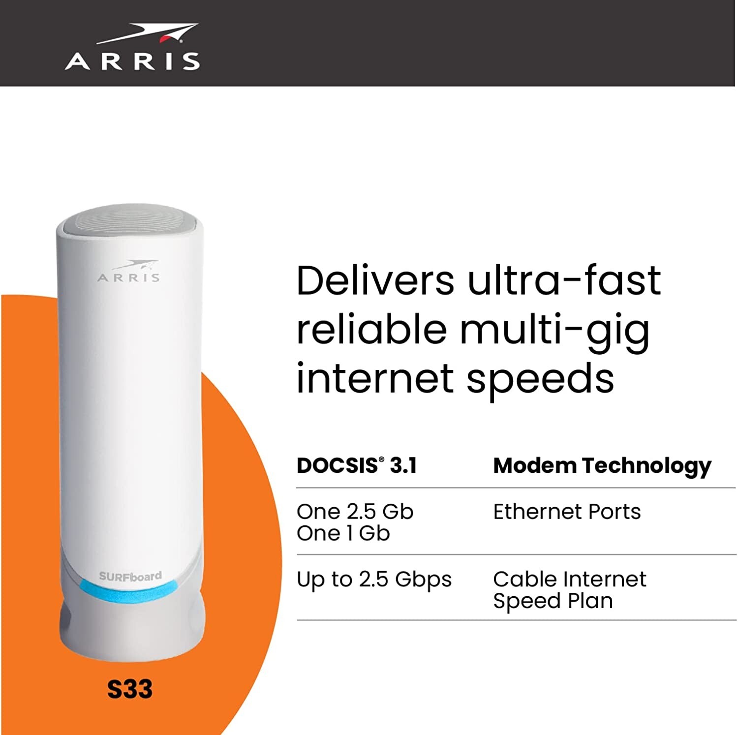 ARRIS S33 SURFboard DOCSIS 3.1 Multi-Gigabit Cable Modem 2.5 Gbps Ethernet Port