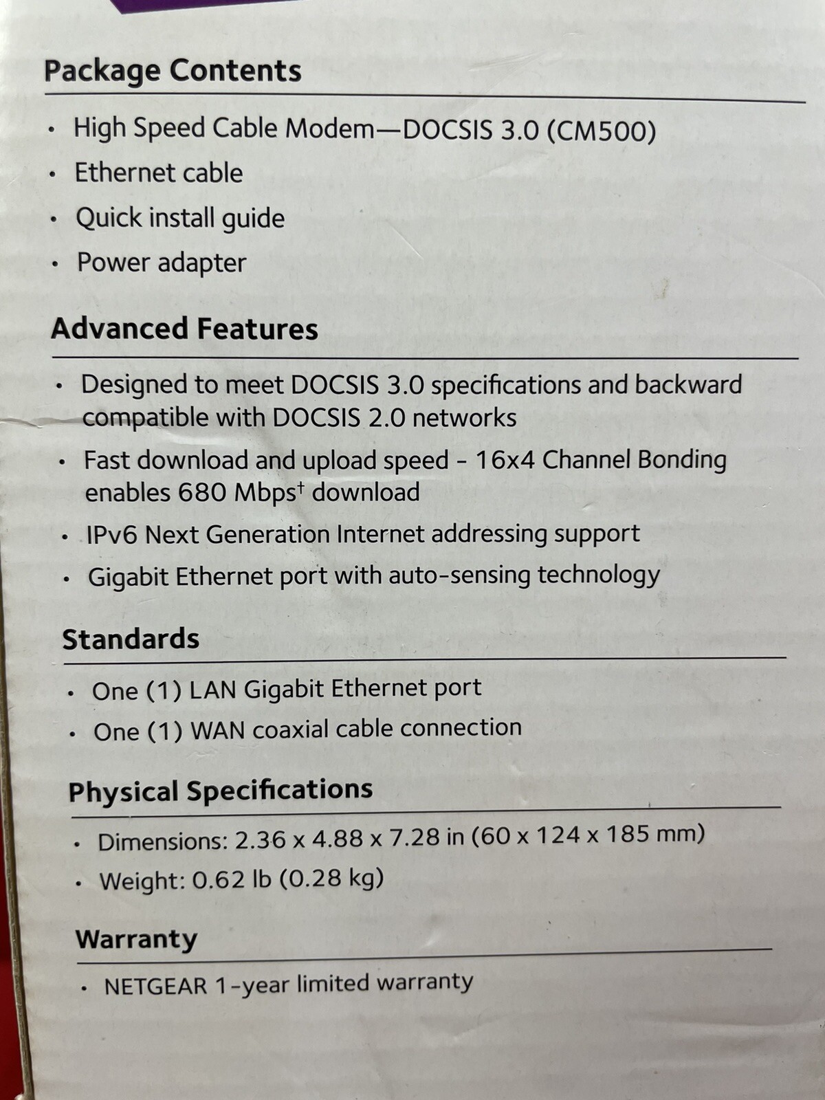 NETGEAR CM500-1AZNAS (16×4) DOCSIS 3.0 Cable Modem Max Download Speeds 680Mbps
