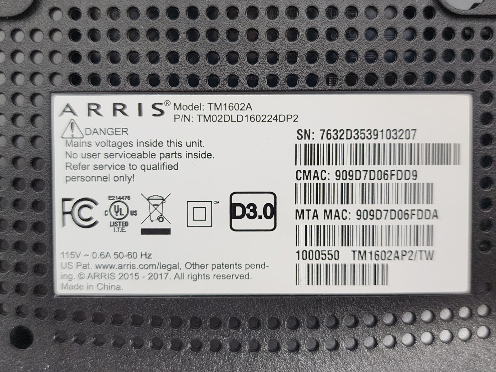 Arris TM1602A DOCSIS 3.0 Telephony Cable Modem + VoIP (Complete with Cables)