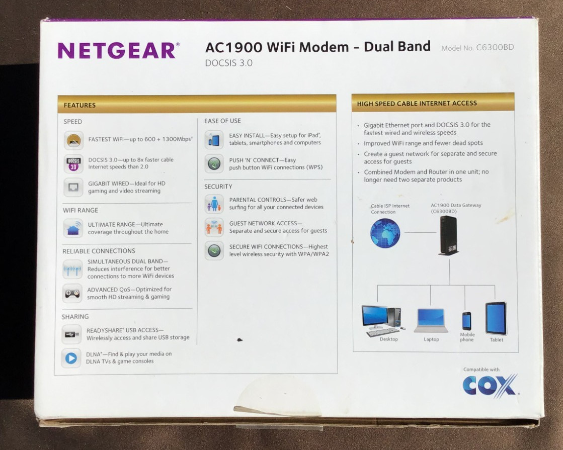 NETGEAR C6300BD AC1900 DOCSIS 3.0 Cable Modem WiFi Router