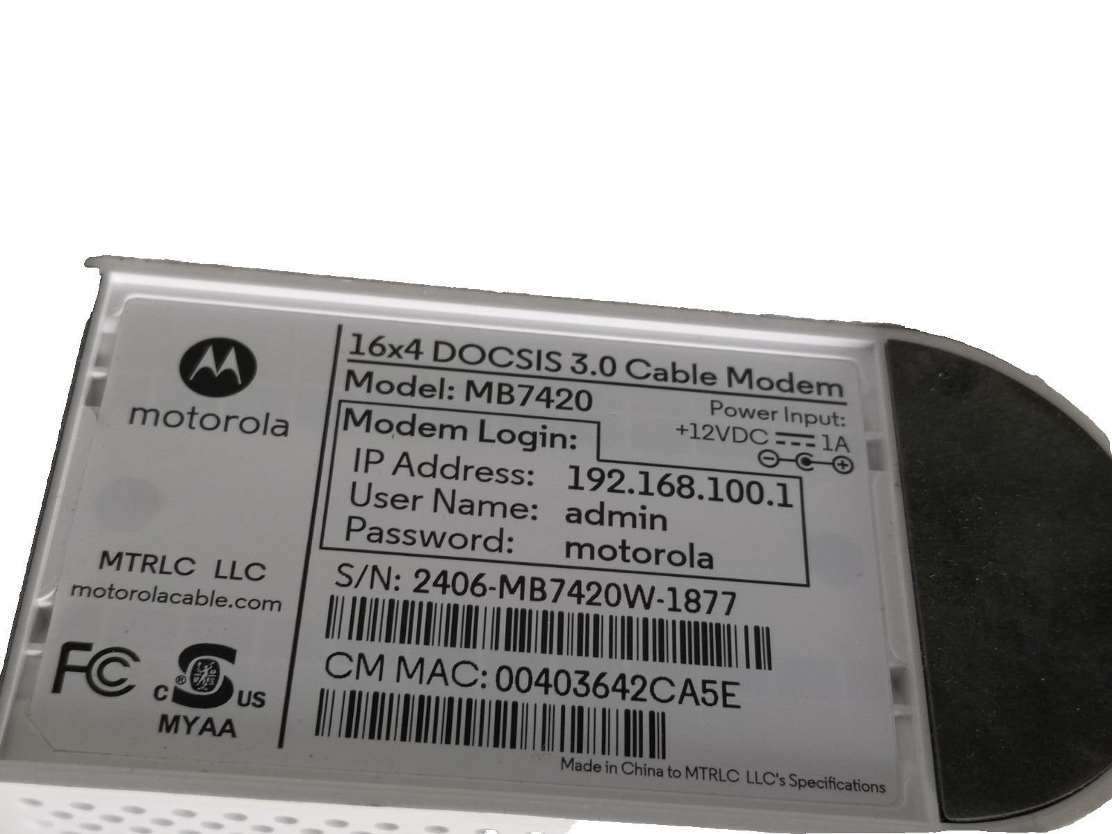 Motorola MB7420 DOCSIS 3.0 Cable Modem 686 Mbps 16×4 TESTED