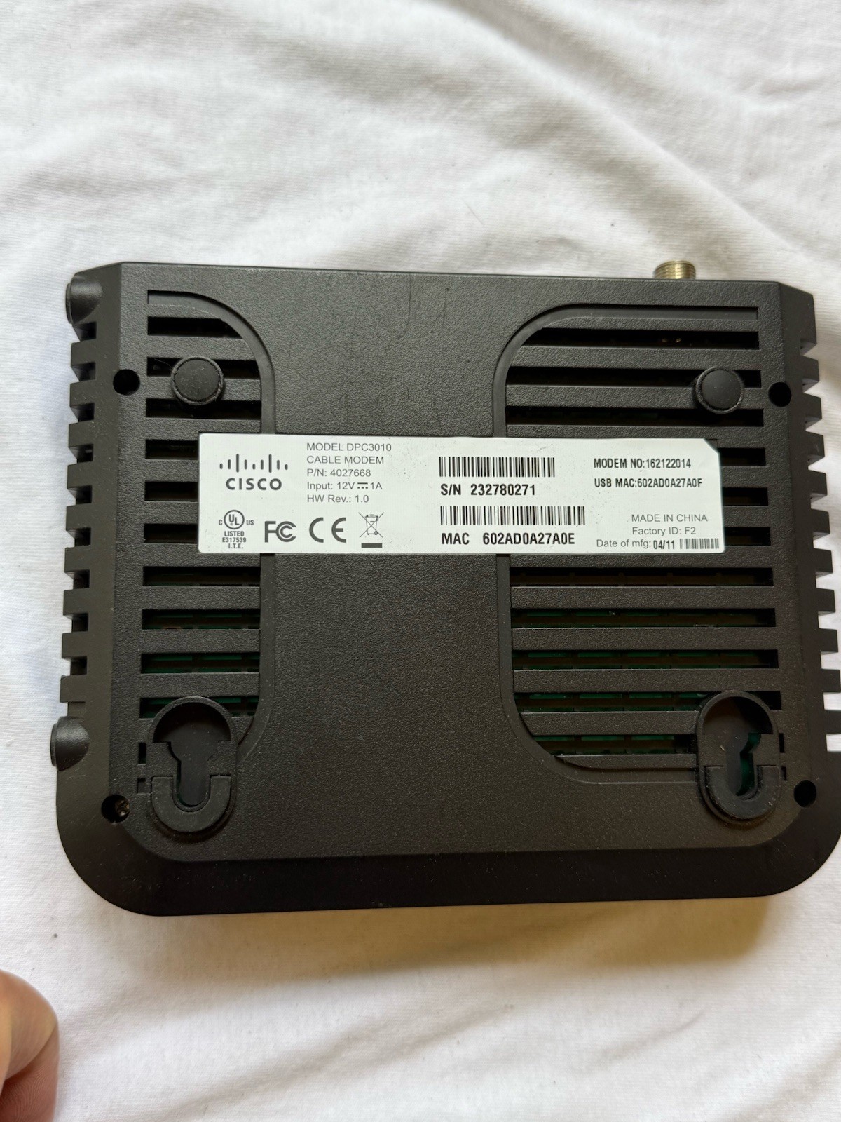 Cisco DPC3010 Cable Modem With Power Cord Black – Works!