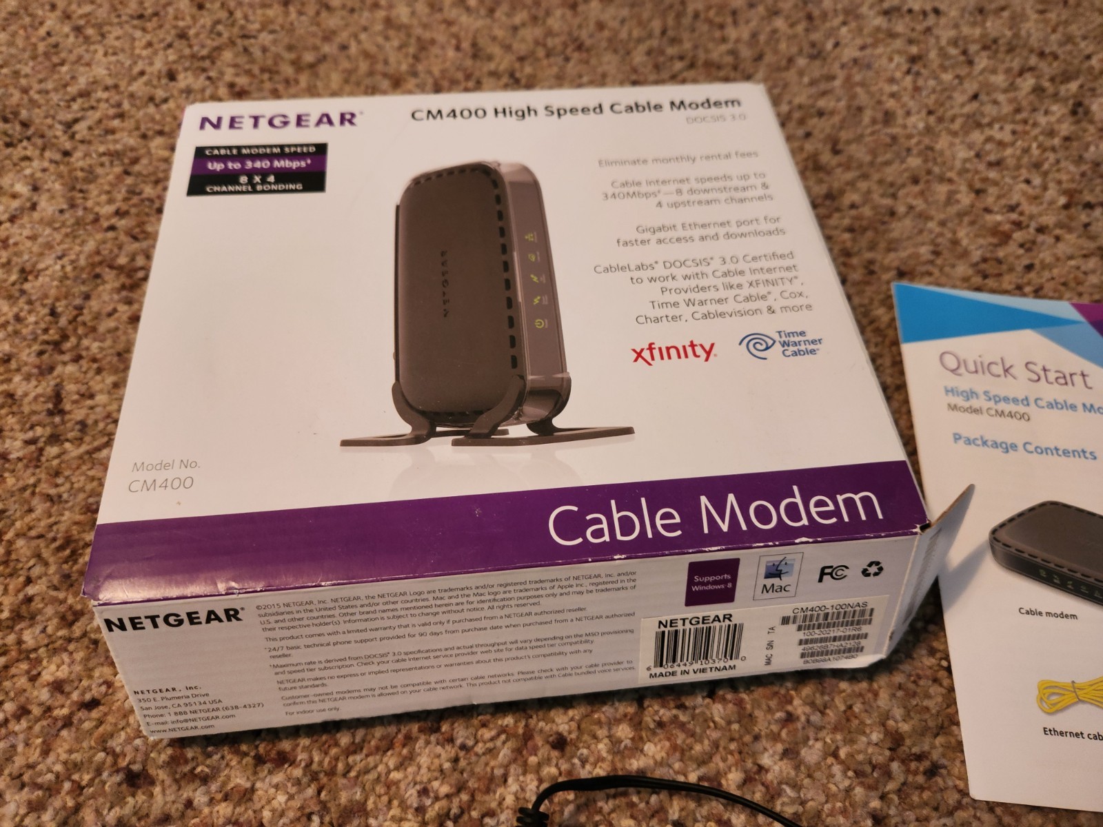 Netgear CM400 high speed internet cable modem DOCSIS 3.0 w/ box power cord cable