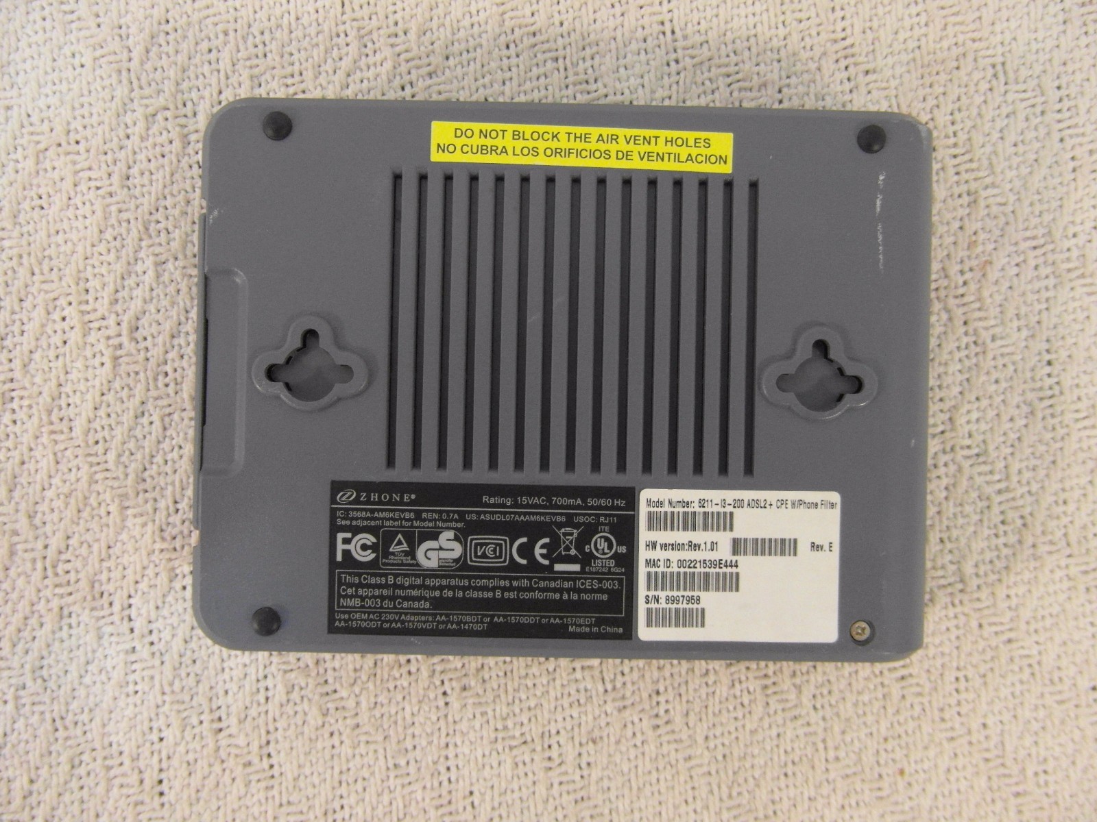 Zhone 6211-I3-200 ADSL2 + CPE W/ Phone Filter Gray DSL Internet Modem 33584