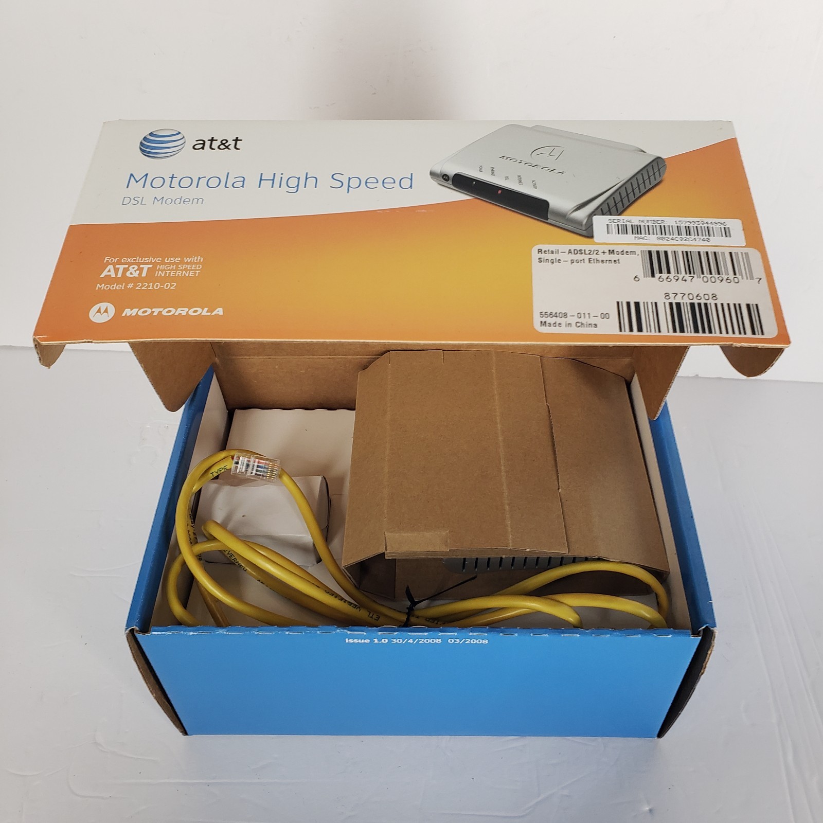 NEW Motorola 2210-02-1022 High Speed Internet DSL Modem w/ Power Supply AT&T