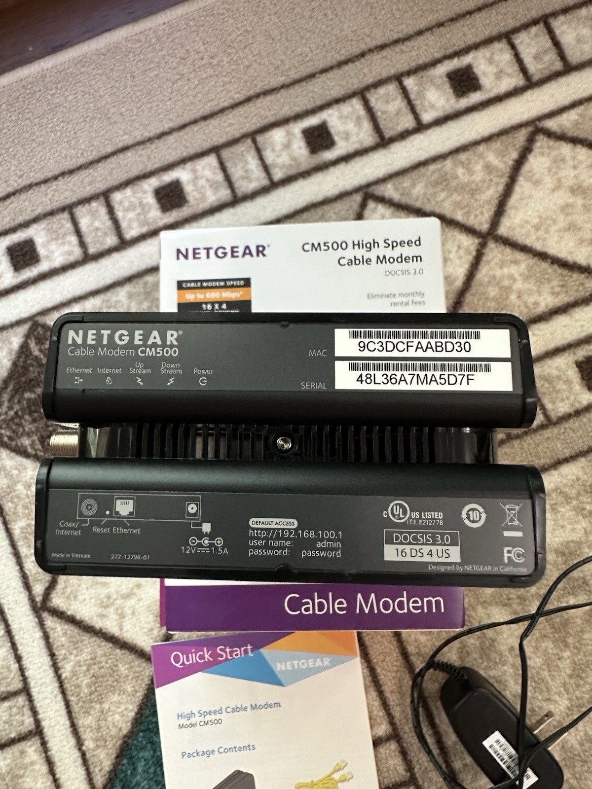 NETGEAR CM500 DOCSIS 3.0 Cable Modem 680Mbps Gigabit Ethernet