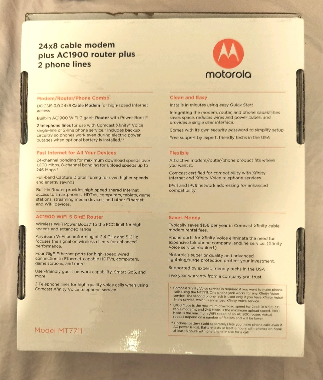 Motorola MT7711 24×8 Modem Router Two Phone Lines DOCSIS 3.0 AC1900 Dual Band