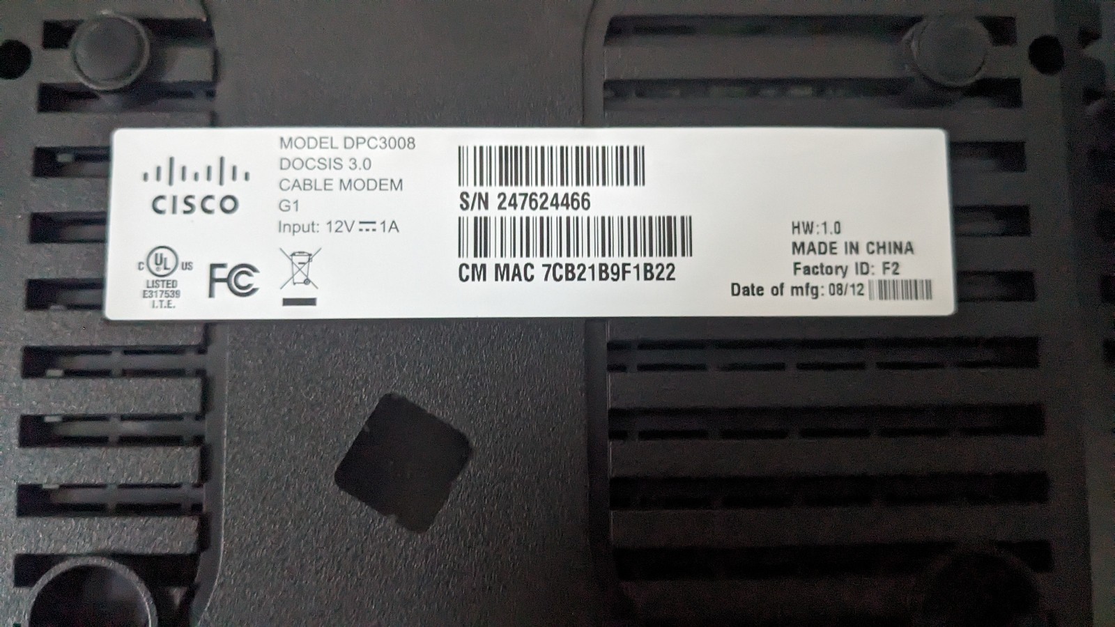 Cisco DPC3008 Cable Modem with Power Supply and Cable Included