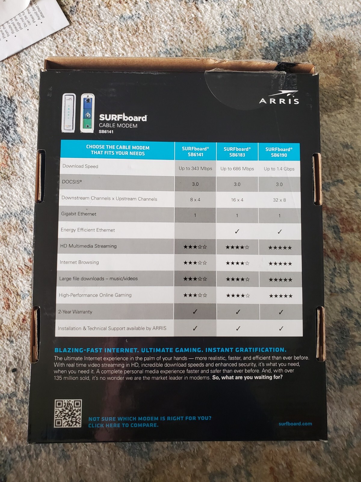 ARRIS SURFboard SB6141 Modem 400 Series 8×4 DOCSIS 3.0 343 Mbps Open Box Works