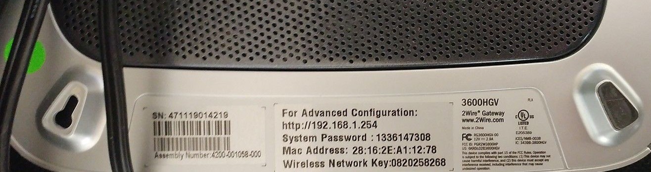 2wire gateway 3600hgv internet modem 4-port wireless router