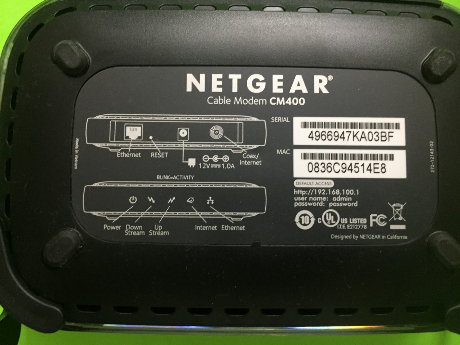 NETGEAR CM400 High Speed Cable Modem Docsis 3.0 with Power Adapter EUC
