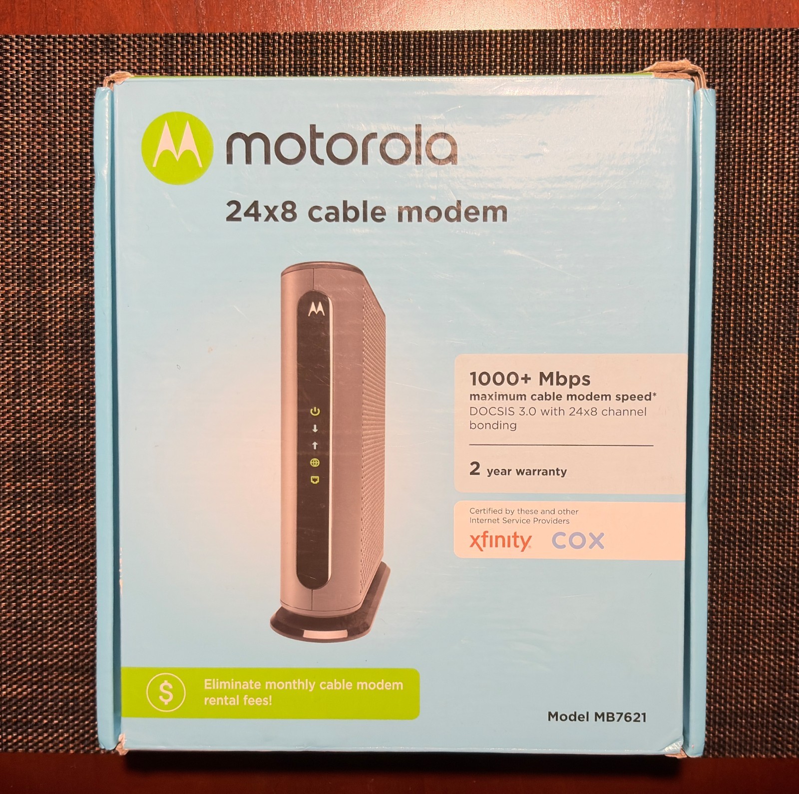 Motorola MB7621 Cable Modem | DOCSIS 3.0 | 24×8 | Up to 1000 Mbps | Box Included