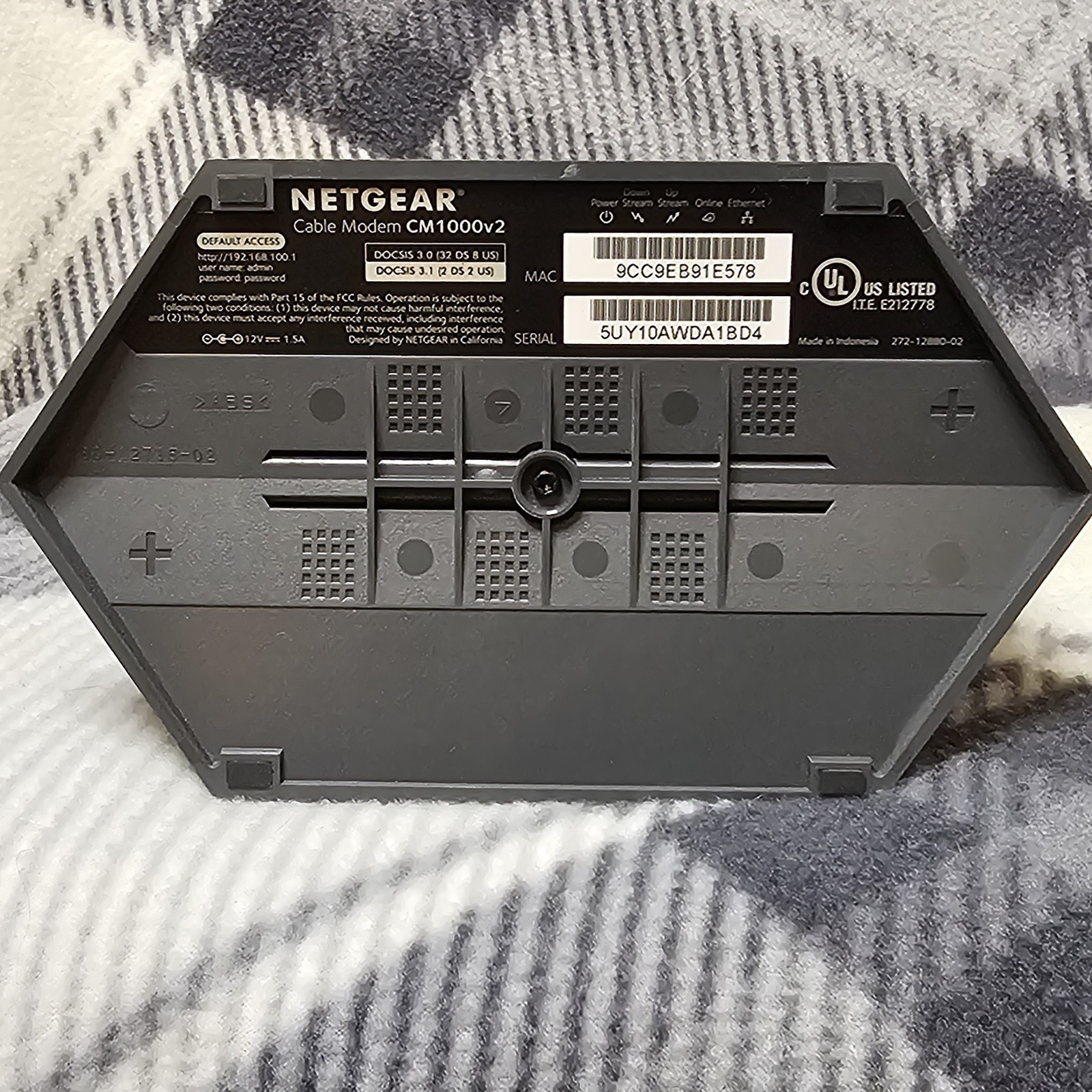 Netgear CM1000v2 Cable Modem With 100-120V AC-DC Power Adapter Used