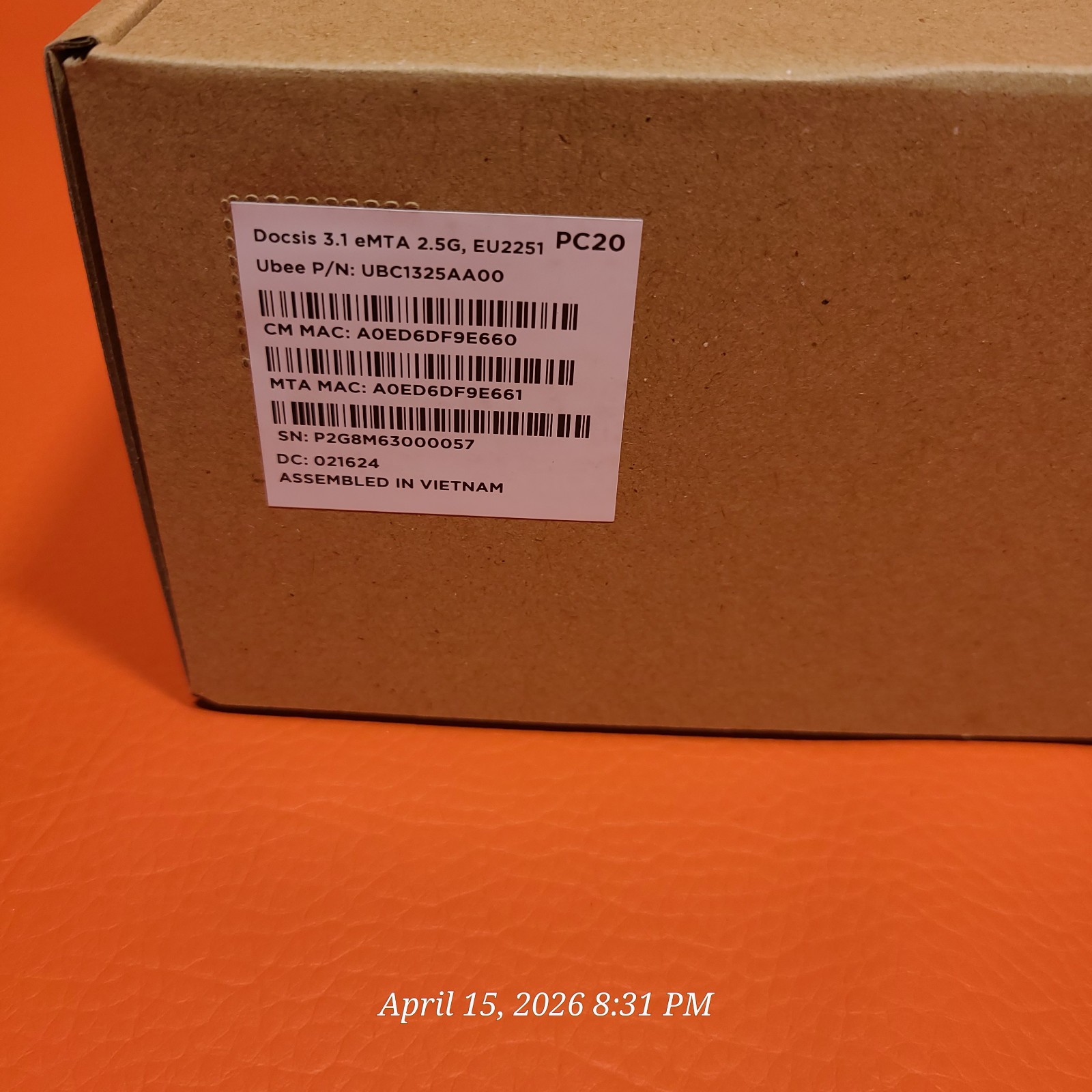 Ubee EU2251 eMTA High Speed DOCSIS 3.1 Advanced Voice Cable Modem 2.5 Gbps RJ-45