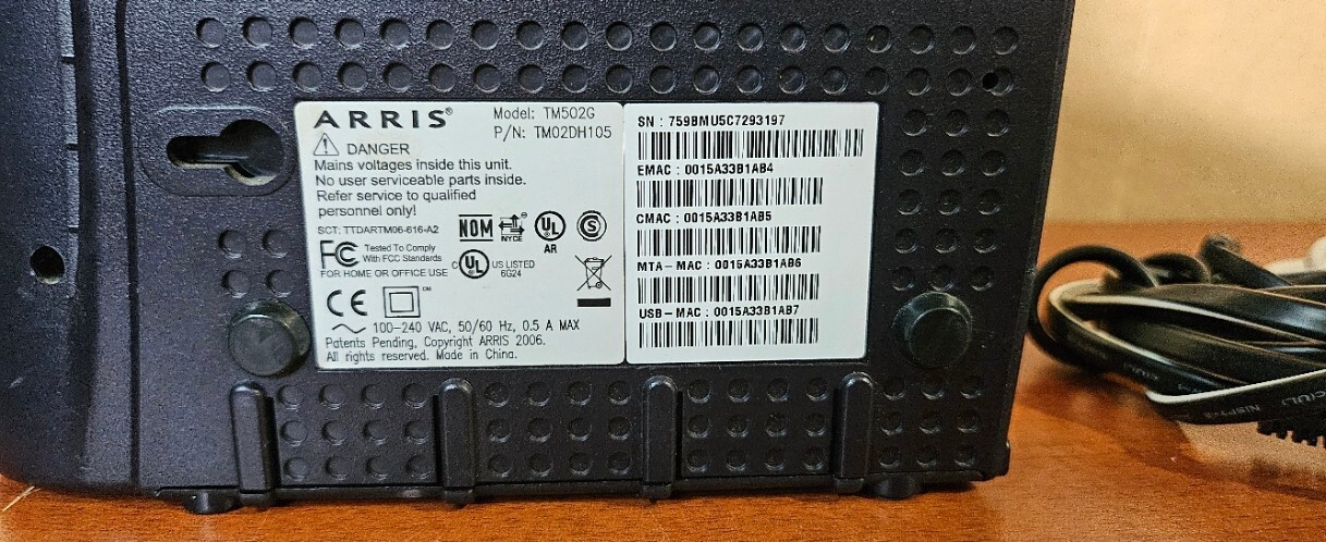 ARRIS Cable / Telephony Modem – Model TM502G/CT – Includes Battery / Power Cord