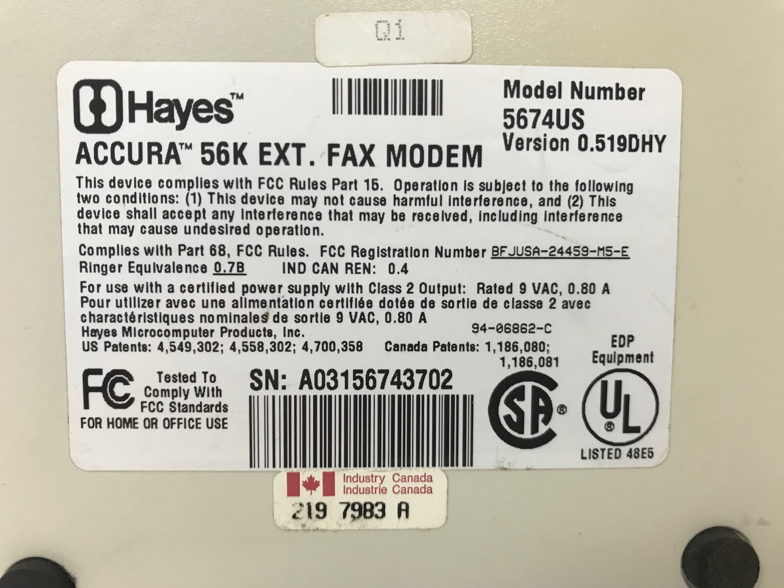 HAYES 5674US ACCURA 56K EXTERNAL FAX MODEM ACCURA 56K + FAX *COVER YELLOWED*