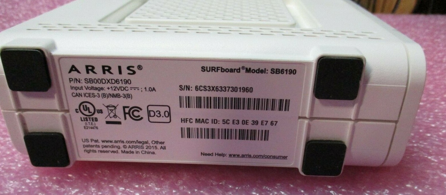 ARRIS SURFboard SB6190 Cable Modem SB00DXD6190 w/ Adaptor WA-12M12FU