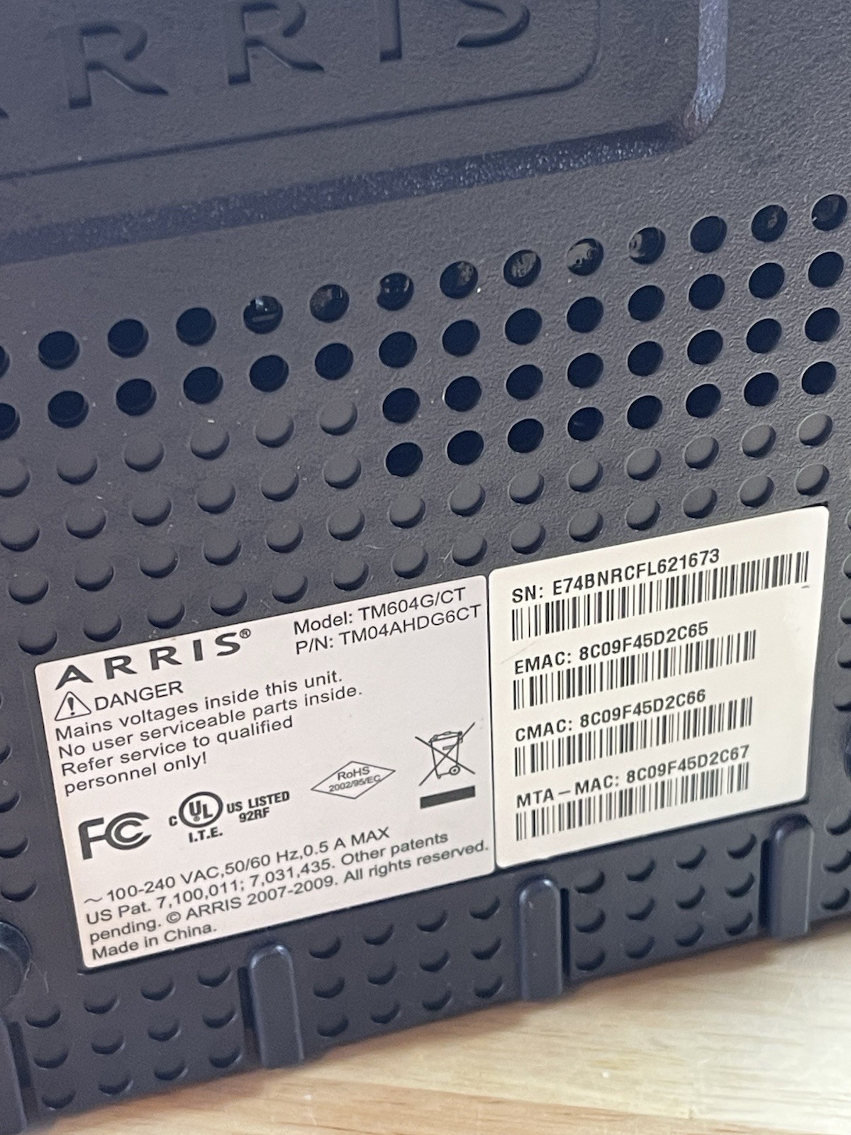 Arris TM604G/CT Cable Modem Internet & Telephone with power cord