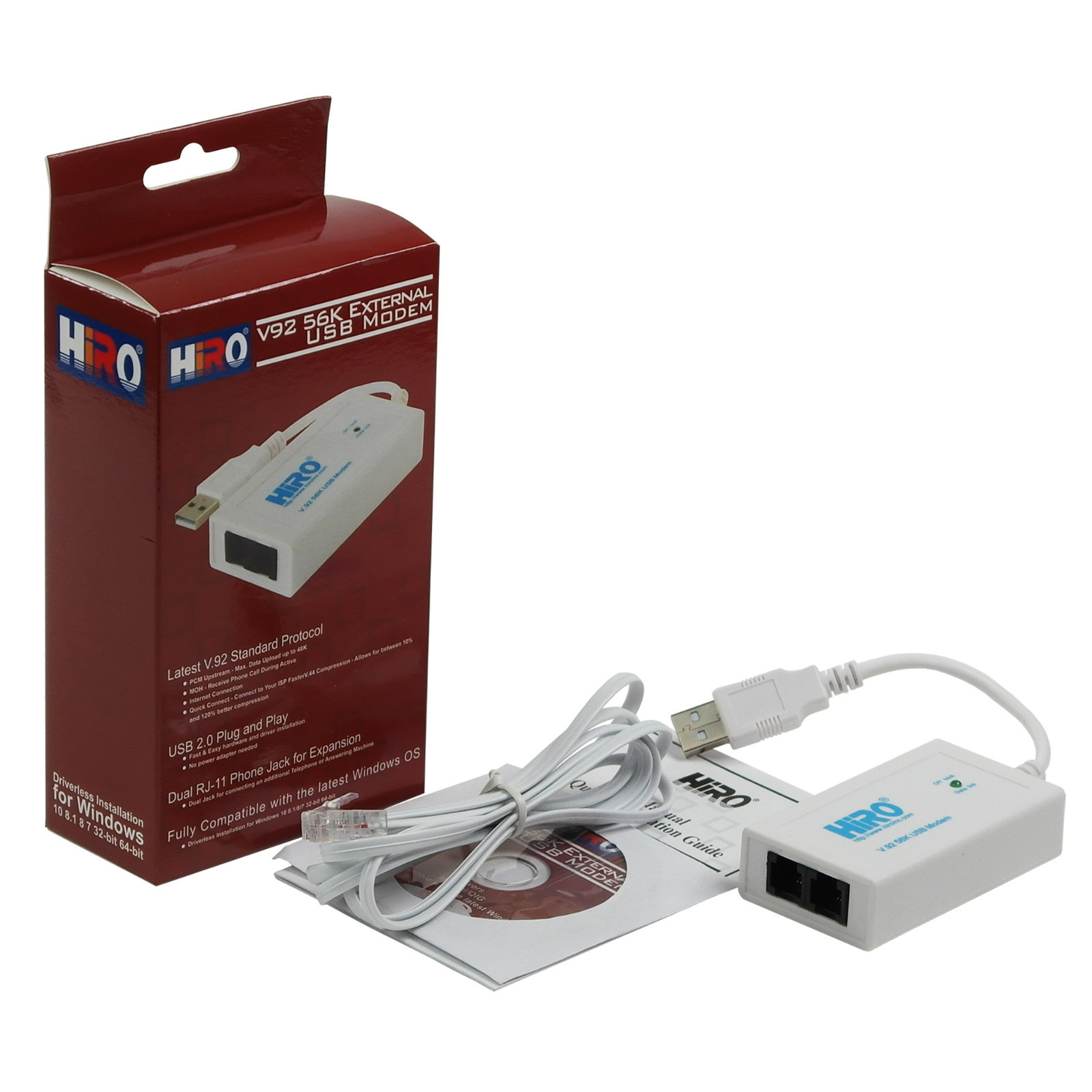 HiRO H50228 V92 56K USB Data Fax Dial Up Modem Dual Port Buzzer Windows 11 10 8