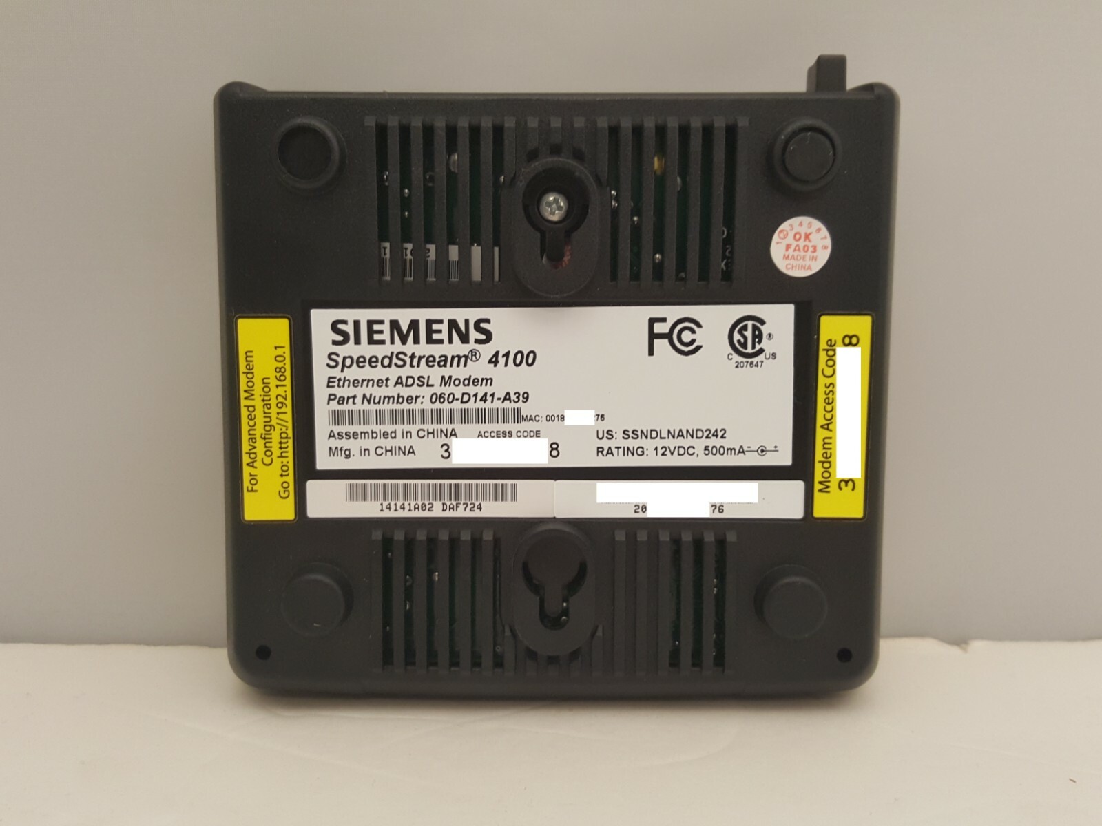 SBC / SIEMENS SpeedStream 4100 Single Port Ethernet ADSL Modem P/N 060-D141-A39