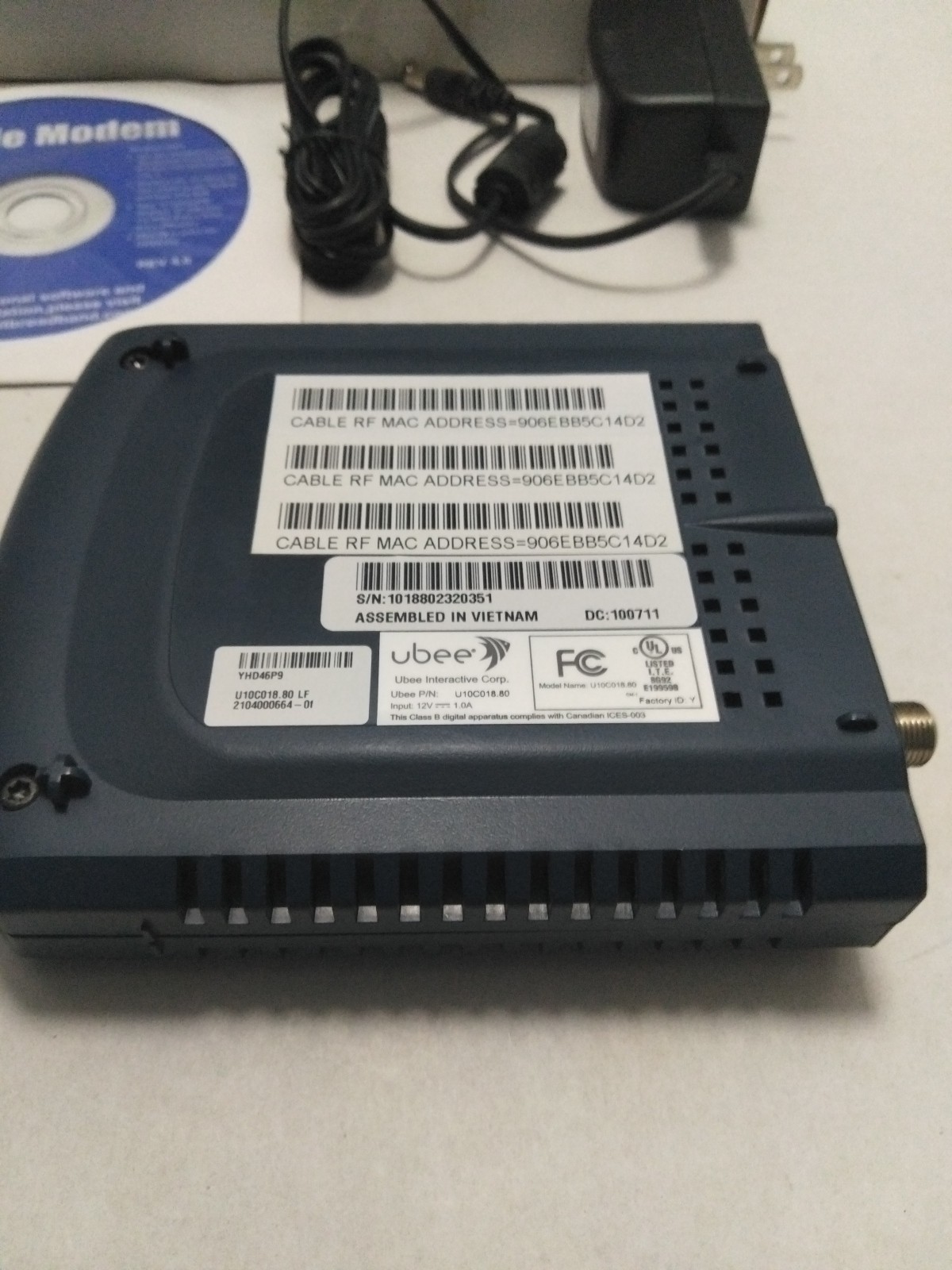 Ubee U10C018.80 Cable Modem Unused and Complete In Original Packaging