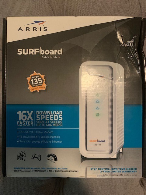 ARRIS SB6183 SURF Board 16 x 4 686 Mbps DOCSIS Speed 3.0 Cable Modem White New