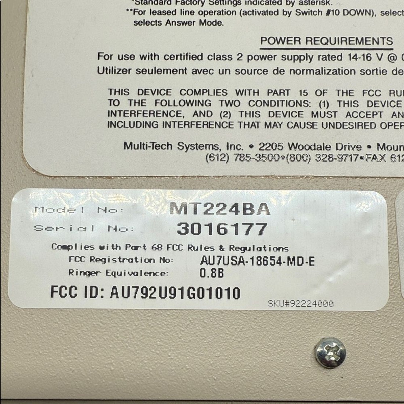 MultiTech Systems MultiModem MT224BA Modem Powers On Cords: Power & Connection