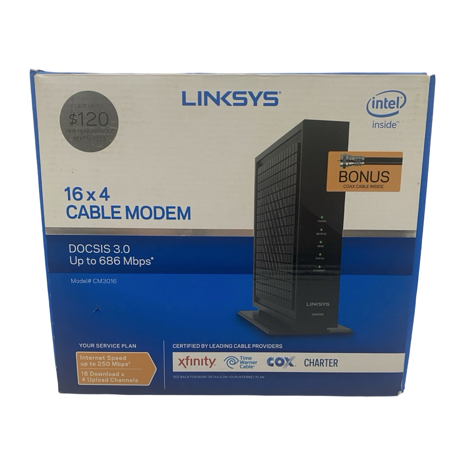 Linksys CM3016 DOCSIS 3.0 Cable Modem 16×4 Open Box Unused 686 Mbps Black