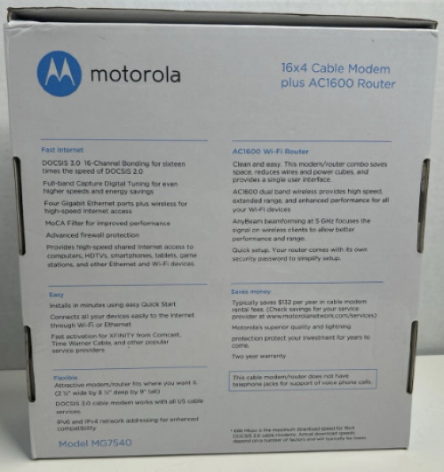 MOTOROLA MG7540 16×4 Cable Modem Plus AC1600 Dual Band Wi-Fi Router Open Box