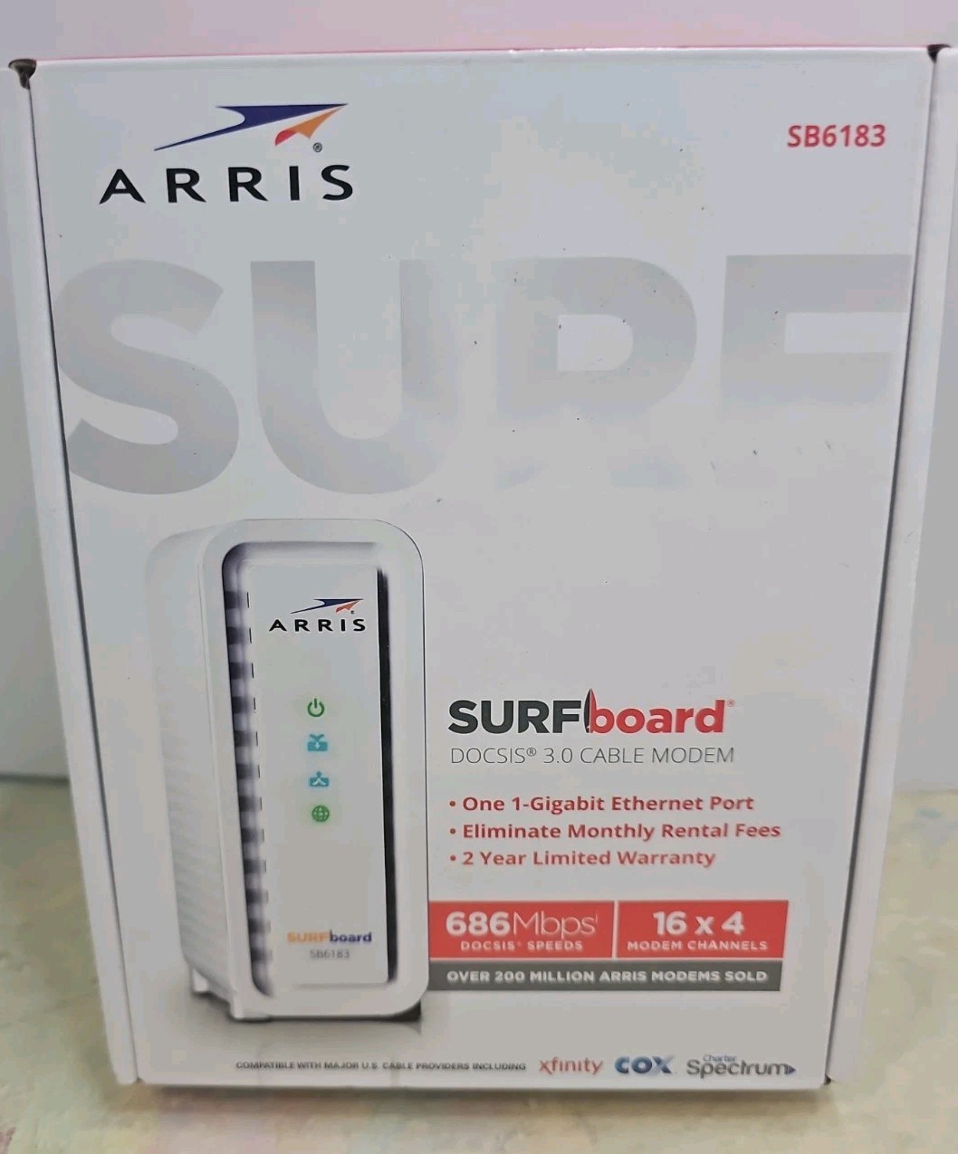 ARRIS SURFboard Modem DOCSIS 3.0 Cable White SB6183 W/ethernet Cable RJ45