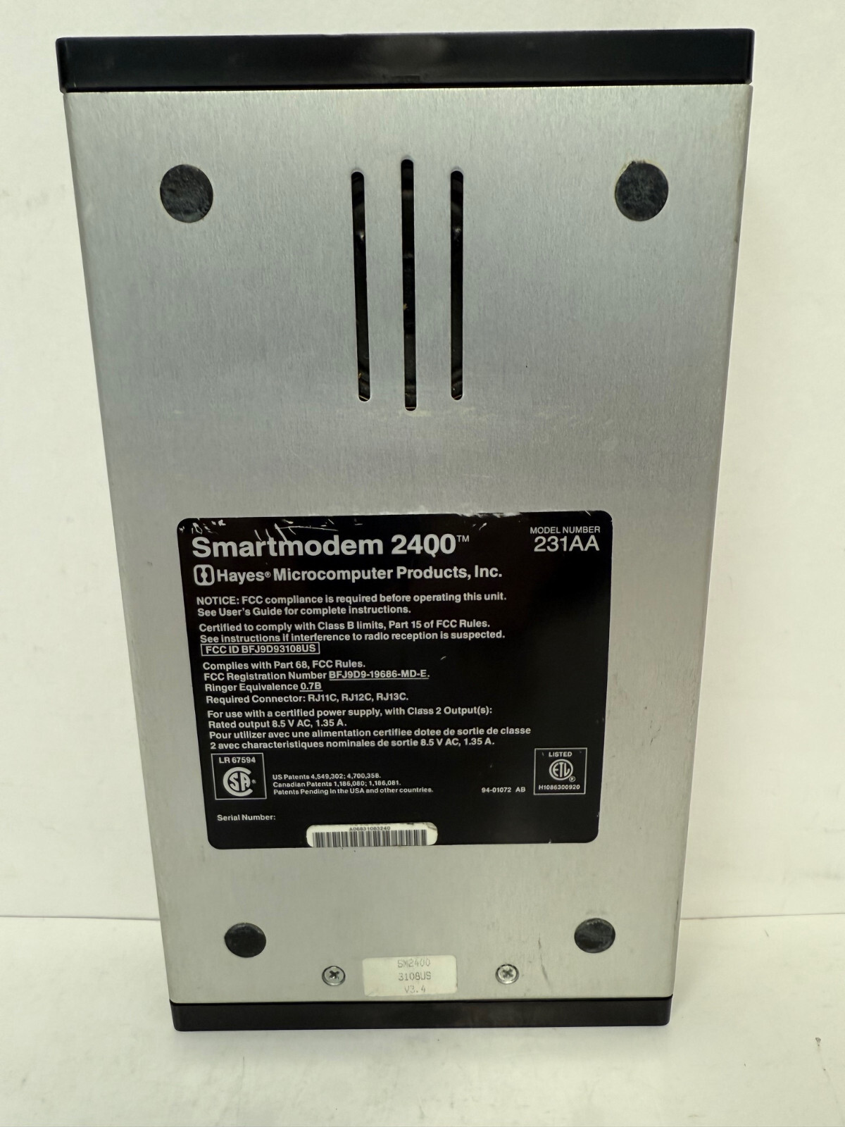 HAYES 231AA 3108US SMARTMODEM 2400 2400 EXTERNAL MODEM **NO AC ADAPTER**