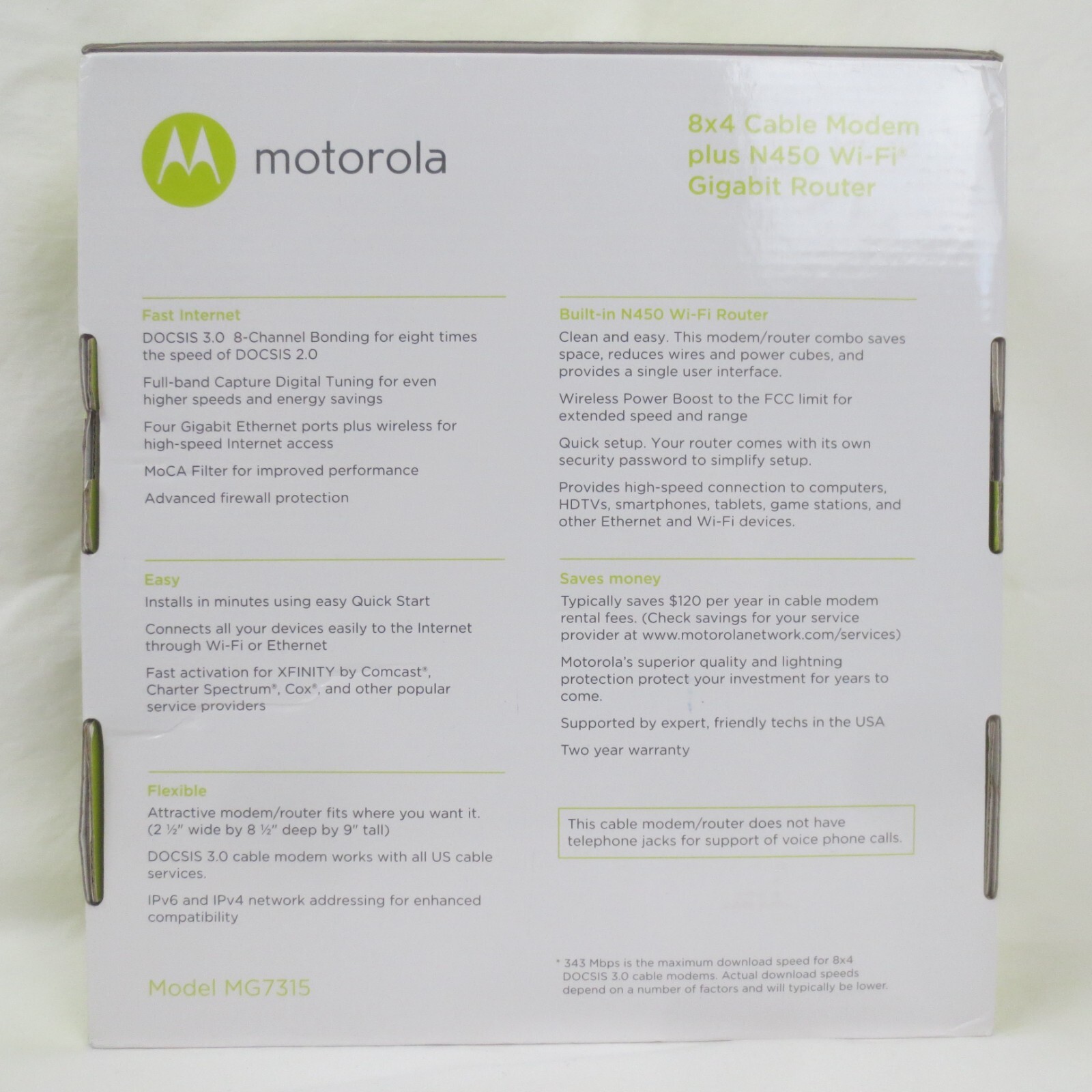 Motorola MG7315 8×4 343 Mbps DOCSIS 3.0 Cable Modem Plus N450 Wi-Fi Router