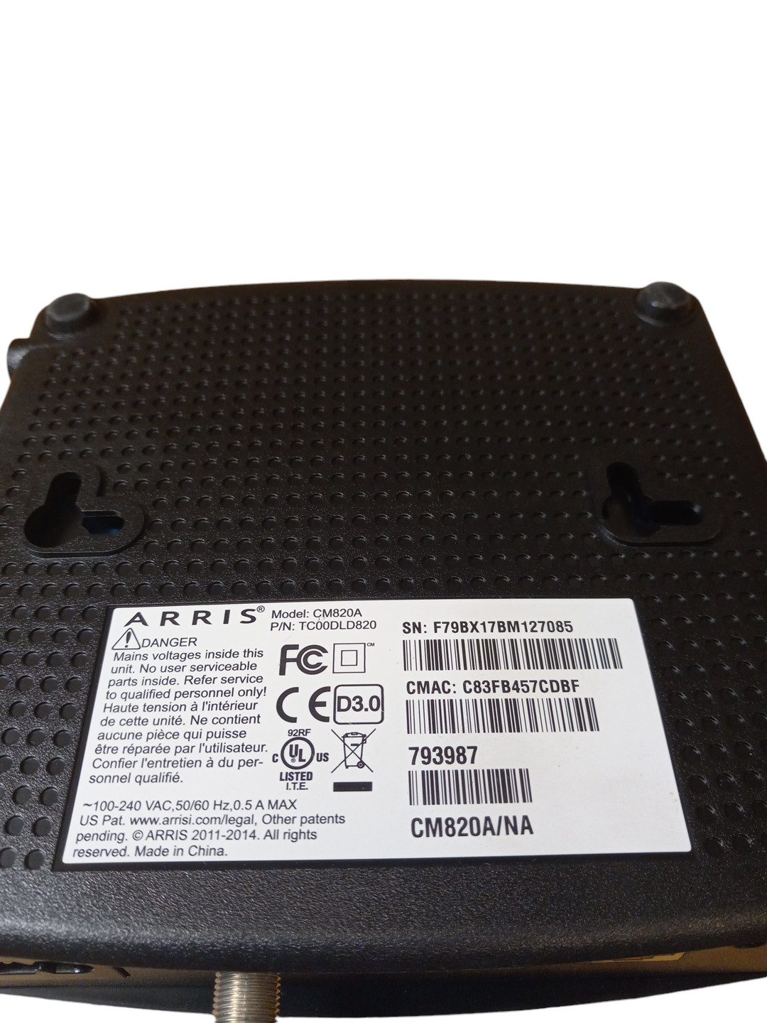 Arris CM820A TC00DLD820 CM820A/NA DOCSIS 3.0 Cable Modem w/ Power Cord