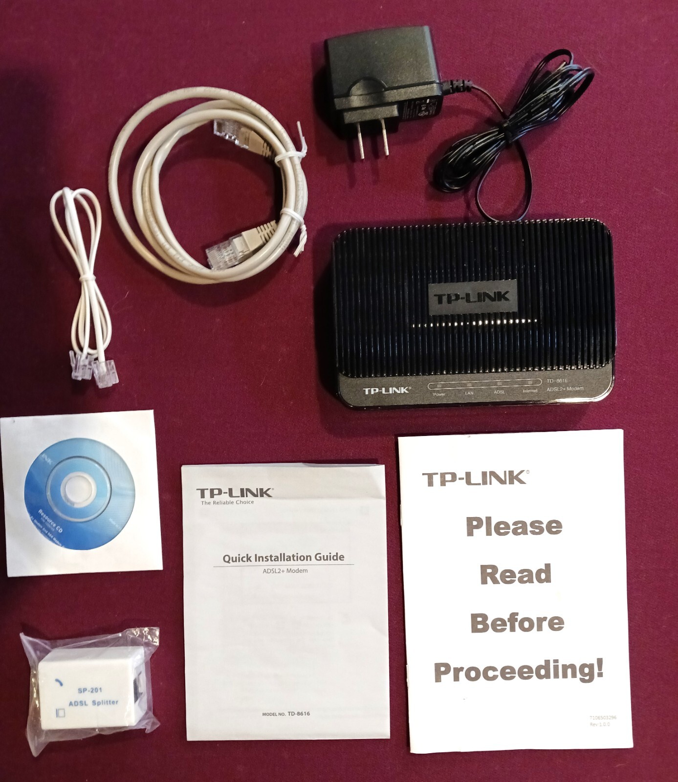 TP-Link TD-8616 ADSL2+ Modem Router With AC Adaptor Power Cord & Cables – New OB