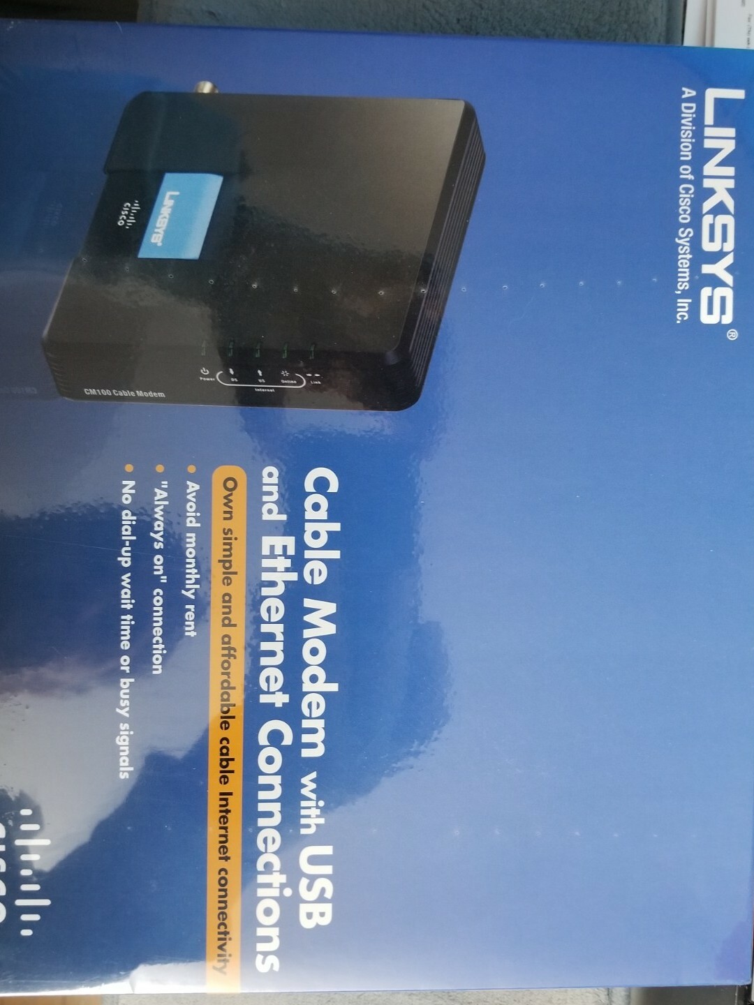 Cisco-Linksys Cable Modem with Ethernet USB Connection. CM100 Brand New