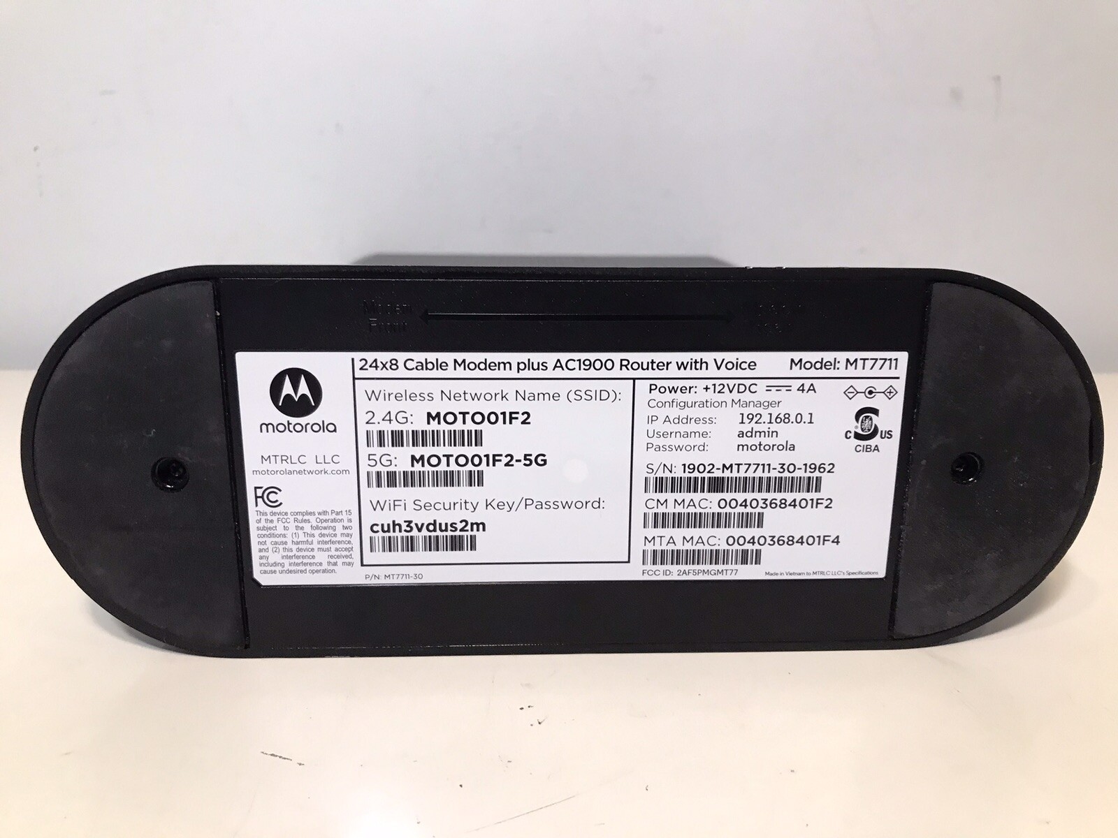 MOTOROLA MT7711 Dual Band AC1900 Cable Modem Gigabit Router No Power Cord