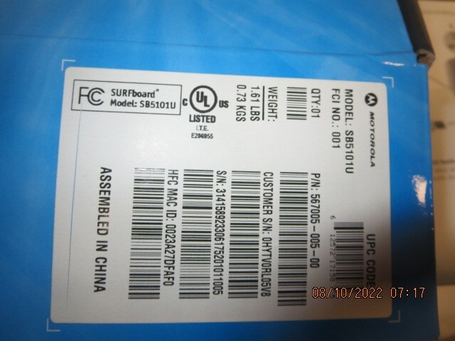 Motorola SURFboard SB5101U/SB35101N Cable Modem with power supply