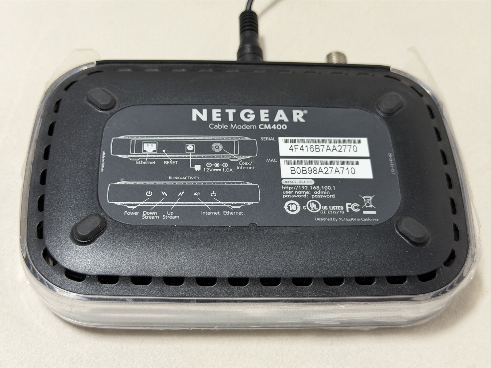 Netgear CM400 Cable Modem DOCSIS 3.0 340 Mbps Gigabit Ethernet