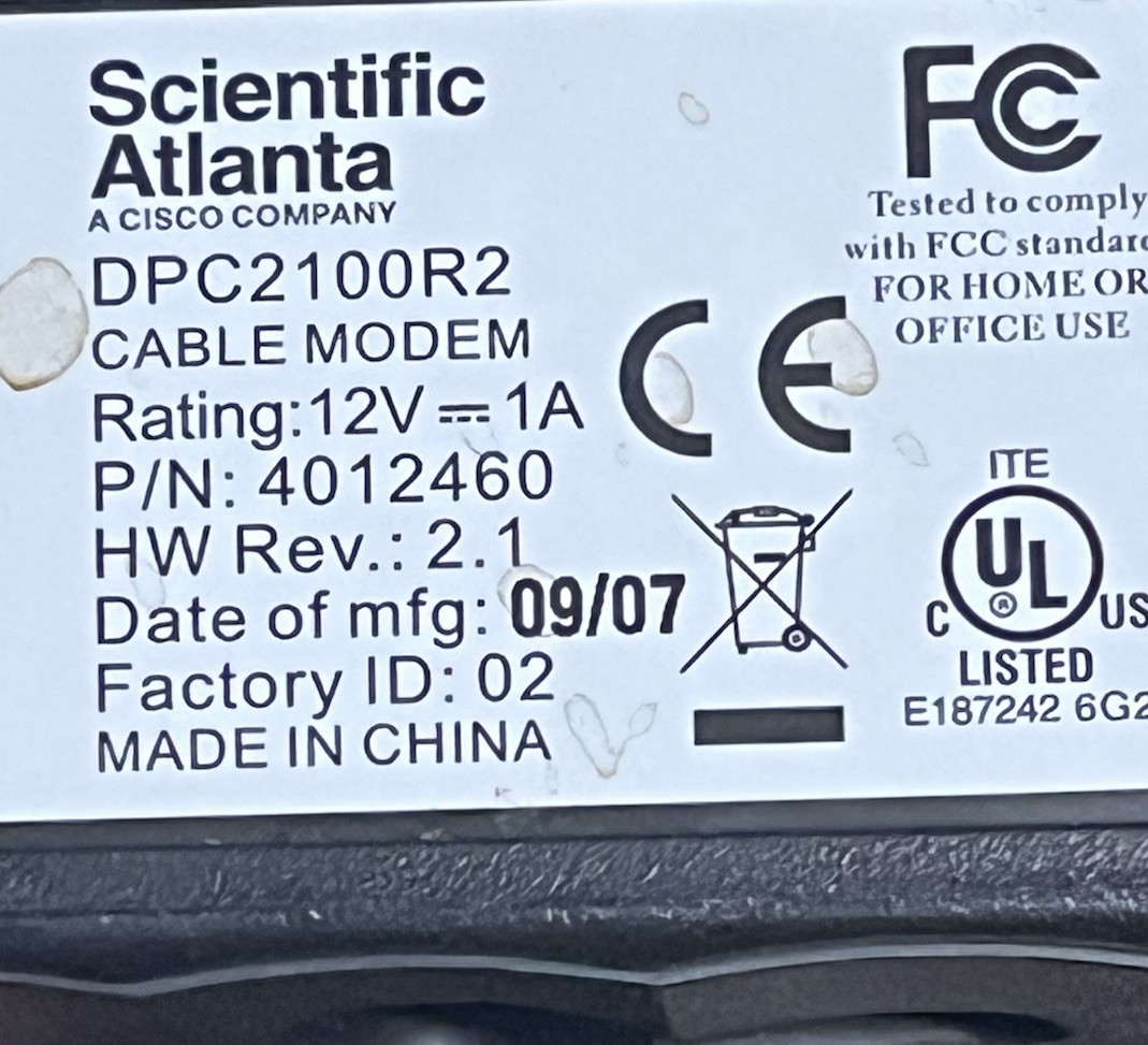 Scientific Atlanta Cable Modem DPC2100R2 w/Power Supply & Ethernet Cable Used
