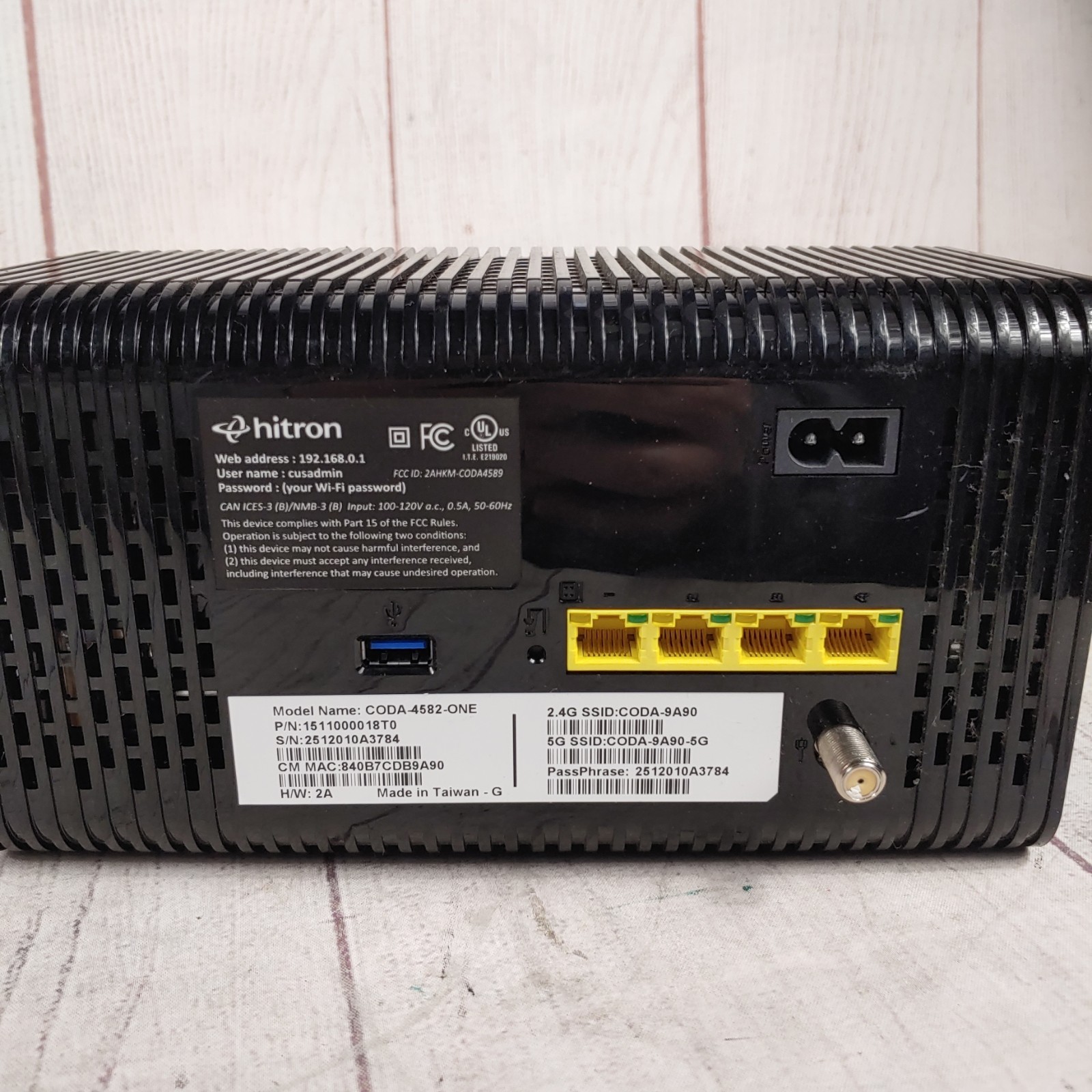 Hitron CODA-4582-ONE – MDC DOCSIS 3.1 Cable Modem Router – NO Power Cord, TESTED