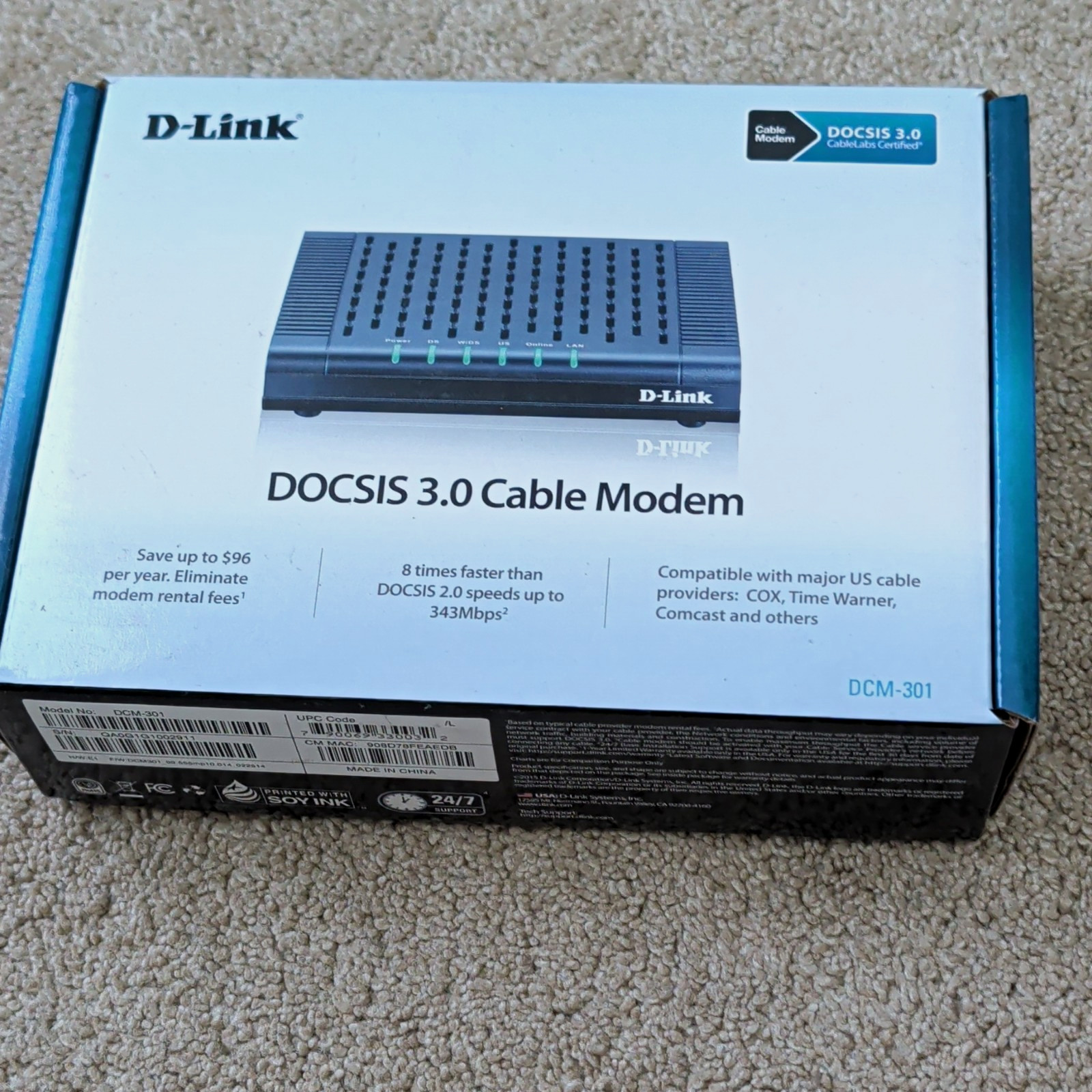 D-Link DCM-301 DOCSIS 3.0 Cable Modem 343 Mbps IPv6 Comcast RJ-45
