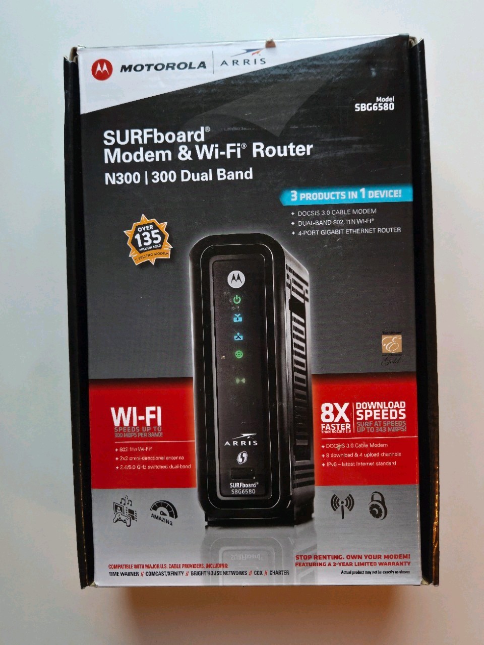 NEW Motorola ARRIS SURFboard SBG6580 DOCSIS 3 Cable Modem and Wi-Fi Router N300