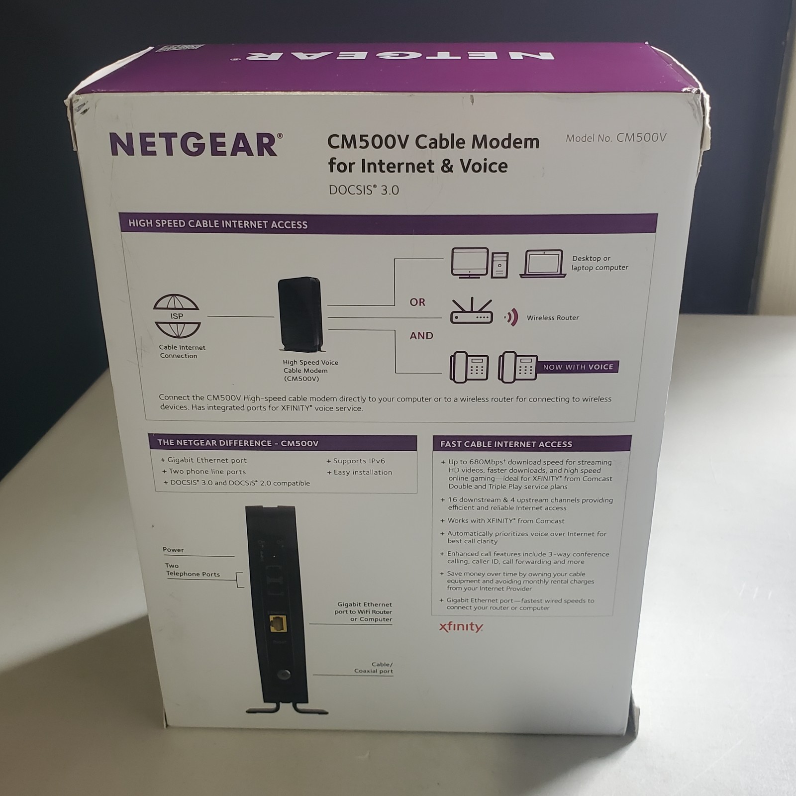 NETGEAR CM500V Cable Modem for Internet & Voice Xfinity 680mbps New Open Box